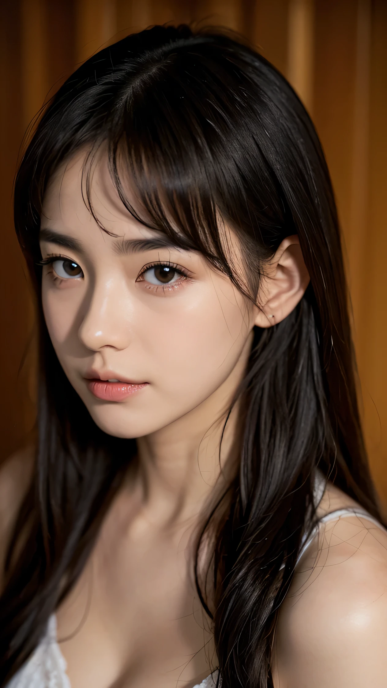 (RAW photo, 最high quality), (realistic, photo-realistic:1.3), very delicate and beautiful, wonderful, finely, masterpiece, Super detailed, High resolution, (best shadow), , Super detailed,
sharp focus, volumetric fog, 8k UHD, Digital single-lens reflex camera, high quality, Fujifilm XT3,
woman, 20-year-old, wavy hair, ((sad expression))、table top, focus on the face, finelyて美しい目, very beautiful eyelashes, simple background, natural eyes