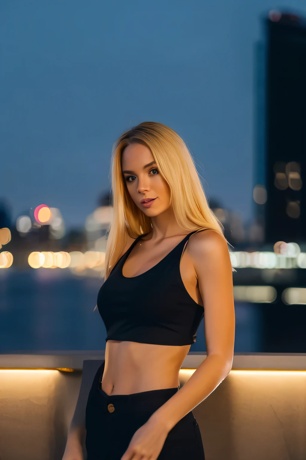 a photo of a blonde woman , black crop top, sexy , city background at night in the dark, bokeh,  sharp focus , photo realistic, realism, UHD, (reallistic:1.2), (masterpiece, best quality, high quality, highres), raw photo