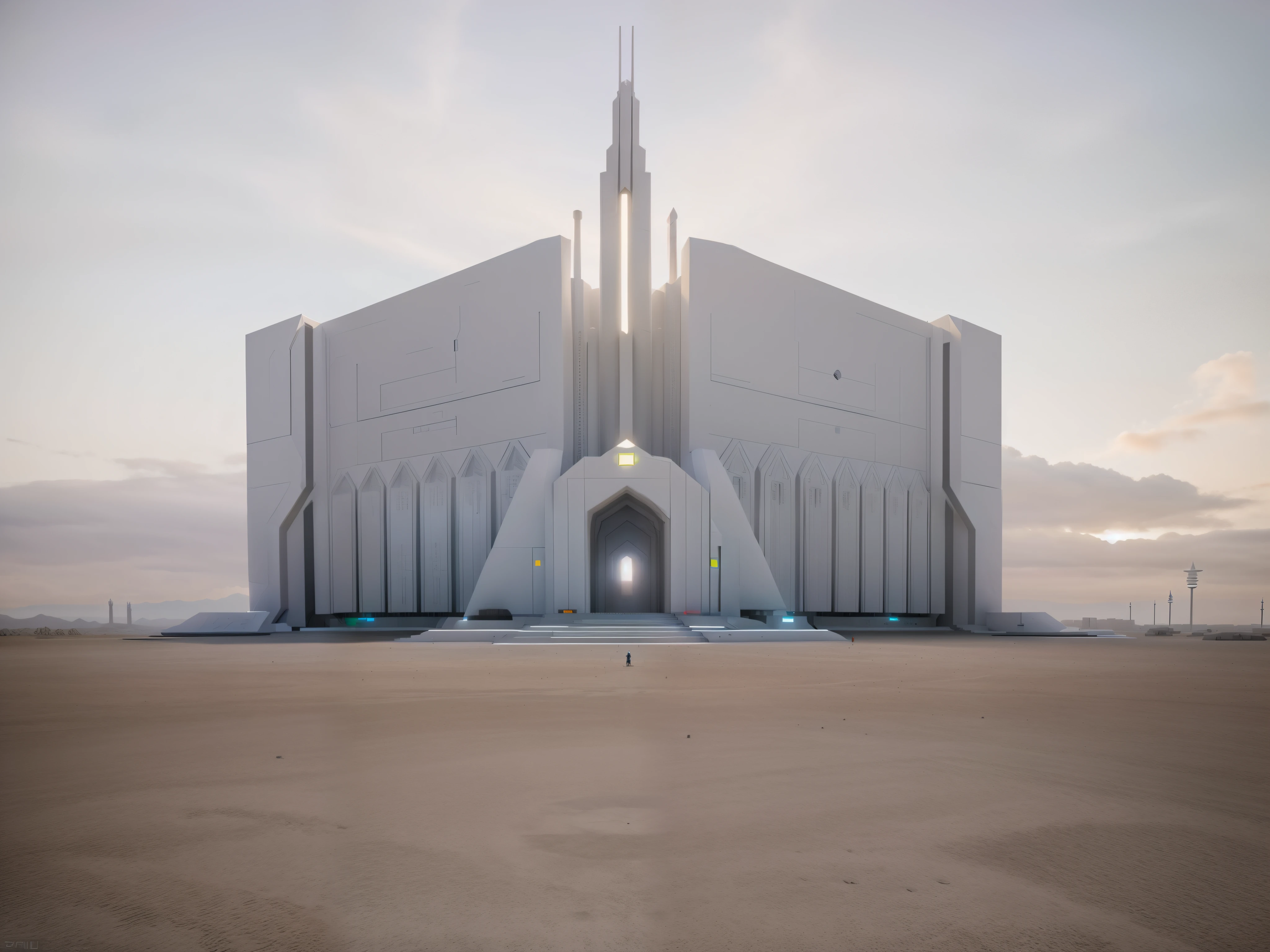 there is a white building with a big tower on top, igreja futurista, science fiction temple exterior, em um futuristic palace ambientado numa cidade futurista intergalatico, perspectiva frontal, interplanetary cathedral, futuristic palace, alien church, concept render, enorme cidade-templo futurista, Rendering 3D mesmo quando aceso, highly Rendering!!, oc Rendering, monolithic temple, Rendering, futuristic outpost building, futuristic scenery