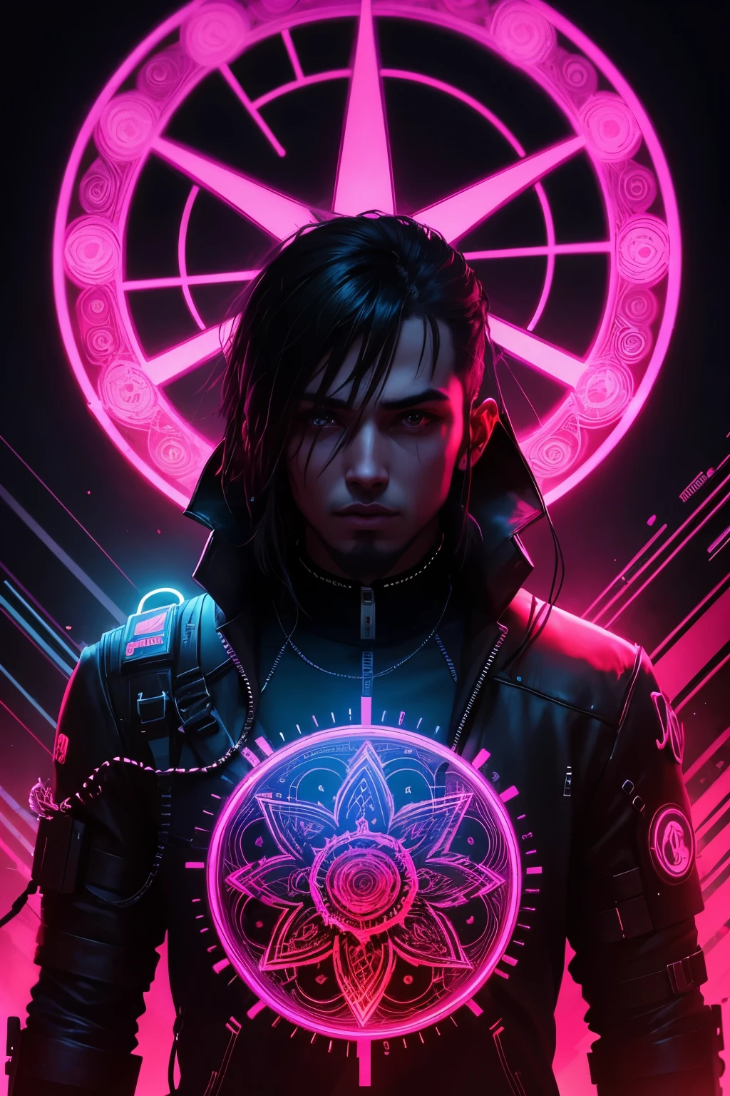 monge budista cyberpunk cantando, Silhouette by neon electric red mandala