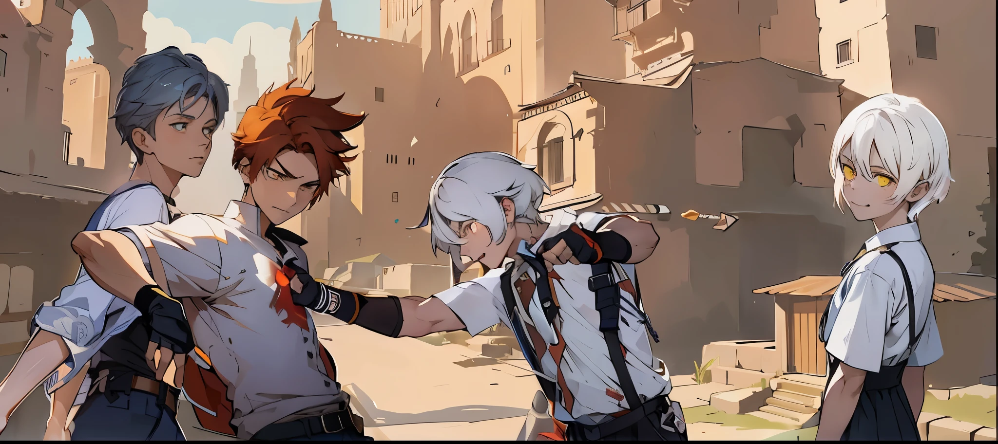 ultra alta calidad personajes de anime en un entorno urbano con un edificio al fondo, krenz cushart y artem demura, equipo culpable se esfuerza arte salpicado, krenz cushart y asher duran, estilo de impacto genshin, guilty team effort charts, keqing del impacto genshin, genshin, arte oficial, De Arknights, personaje de impacto genshin