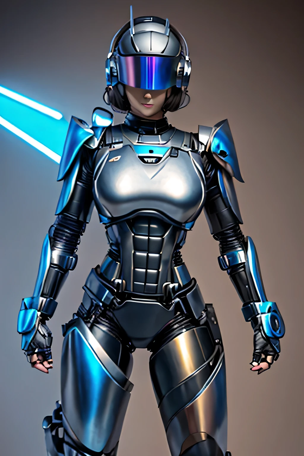 female robocop solo、Armor that completely covers the whole body、very large armor、helmet to hide eyes、rainbow armor、Armor that completely covers the chest、thin and long legs、Vibrant posel body view