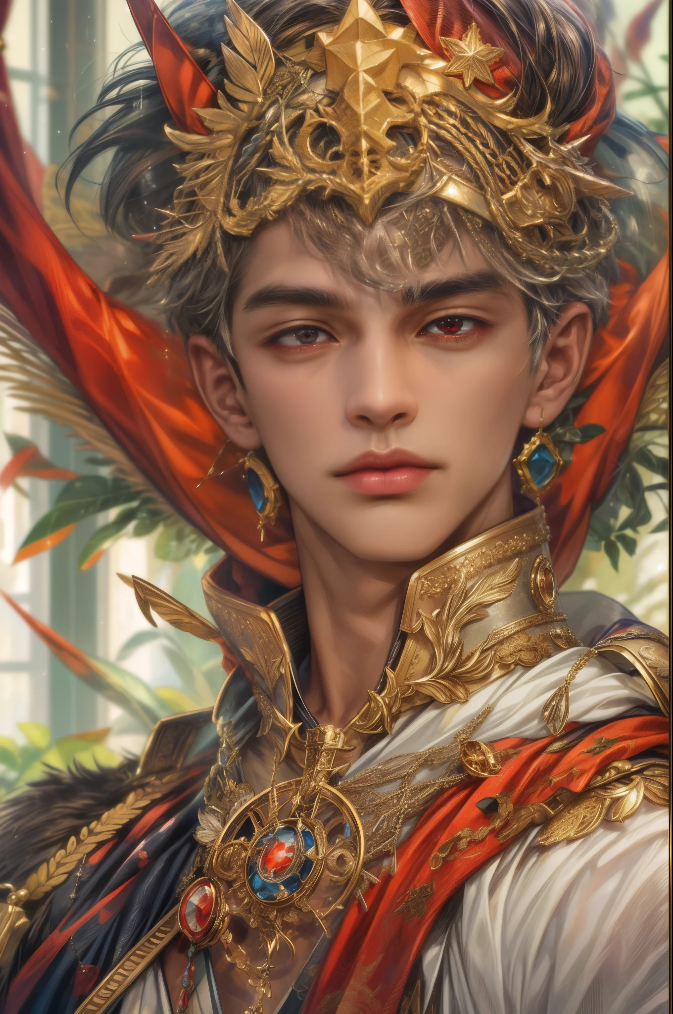 (absurdres, highres, ultra detailed, HDR), masterpiece, best quality, close-up picture of a Valkyrie Anatomia character, prince of artolia, handsome young boy, short hair, korean handsome face, big eyes, red eyes, detailed scenery of a gnostic mansion interiors, detailed character