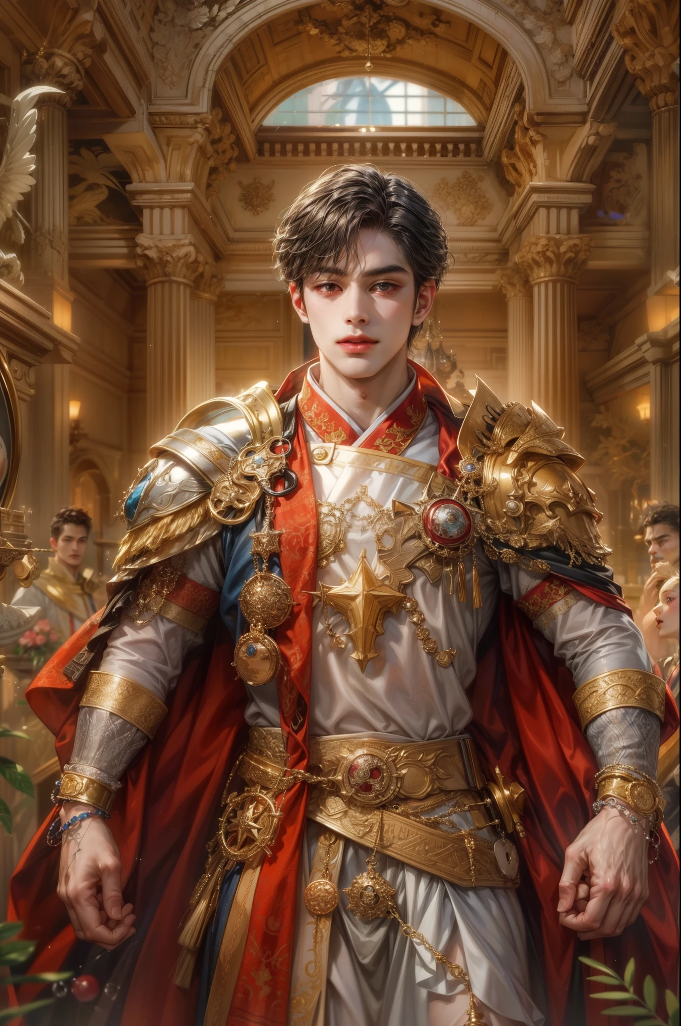 (absurdres, highres, ultra detailed, HDR), masterpiece, best quality, close-up picture of a Valkyrie Anatomia character, prince of artolia, handsome young boy, short hair, korean handsome face, big eyes, red eyes, detailed scenery of a gnostic mansion interiors, detailed character