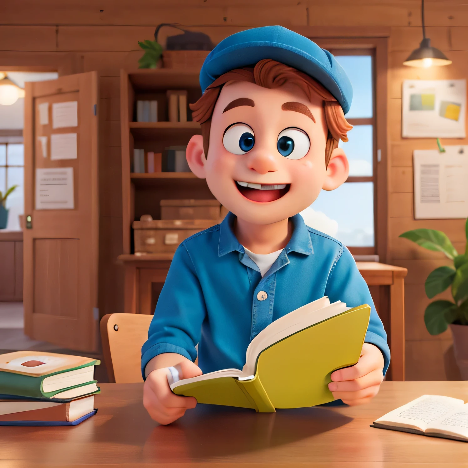 um desenho de um livro lindo e colorido, um boneco em estilo cartunado segurando o livro