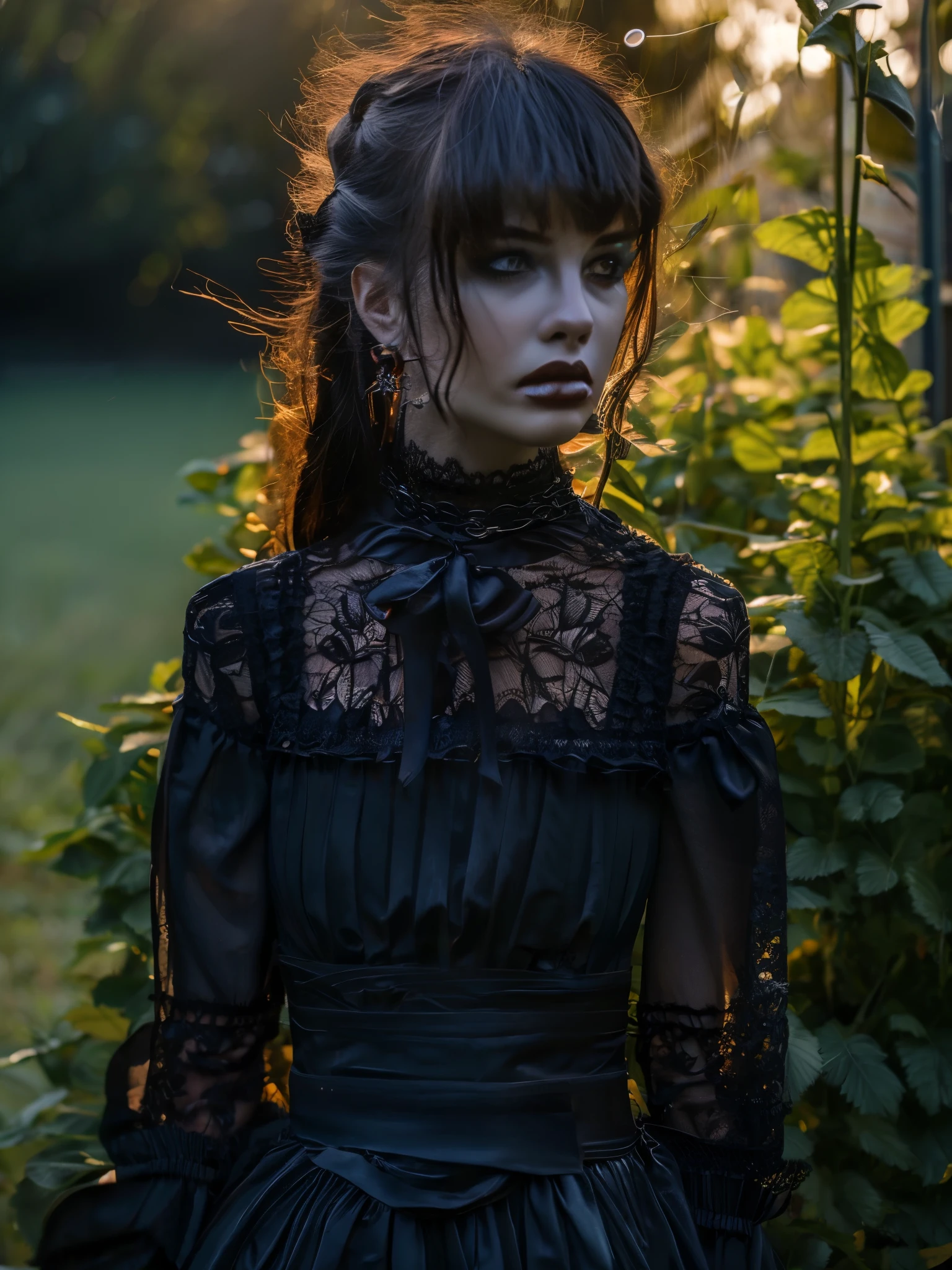 girl in a gothic garden,dark magic,moonlit shadows,victorian architecture,ornate details,beautifully eerie atmosphere,richly textured,velvet drapes,mysterious mist,candlelit glow,[hauntingly beautiful],grim statuary,macabre elegance,ethereal beauty,dramatic contrasts,blood red roses,ominous skies,melancholic beauty,[mystical elements],ghostly figures,romantic darkness,gothic romance,lace trimmings,broken chains,dark enchantment,whispers of the night,[hypnotic allure],[dramatic flair],twisted beauty,vintage charm,[hauntingly alluring],[velvet darkness],[dark mystique],[enchanting ambiance],[evocative shadows],[romantic decadence],[whimsically eerie],[captivating gloom],[macabre splendor],(best quality,highres:1.1),(dramatic lighting:0.9)