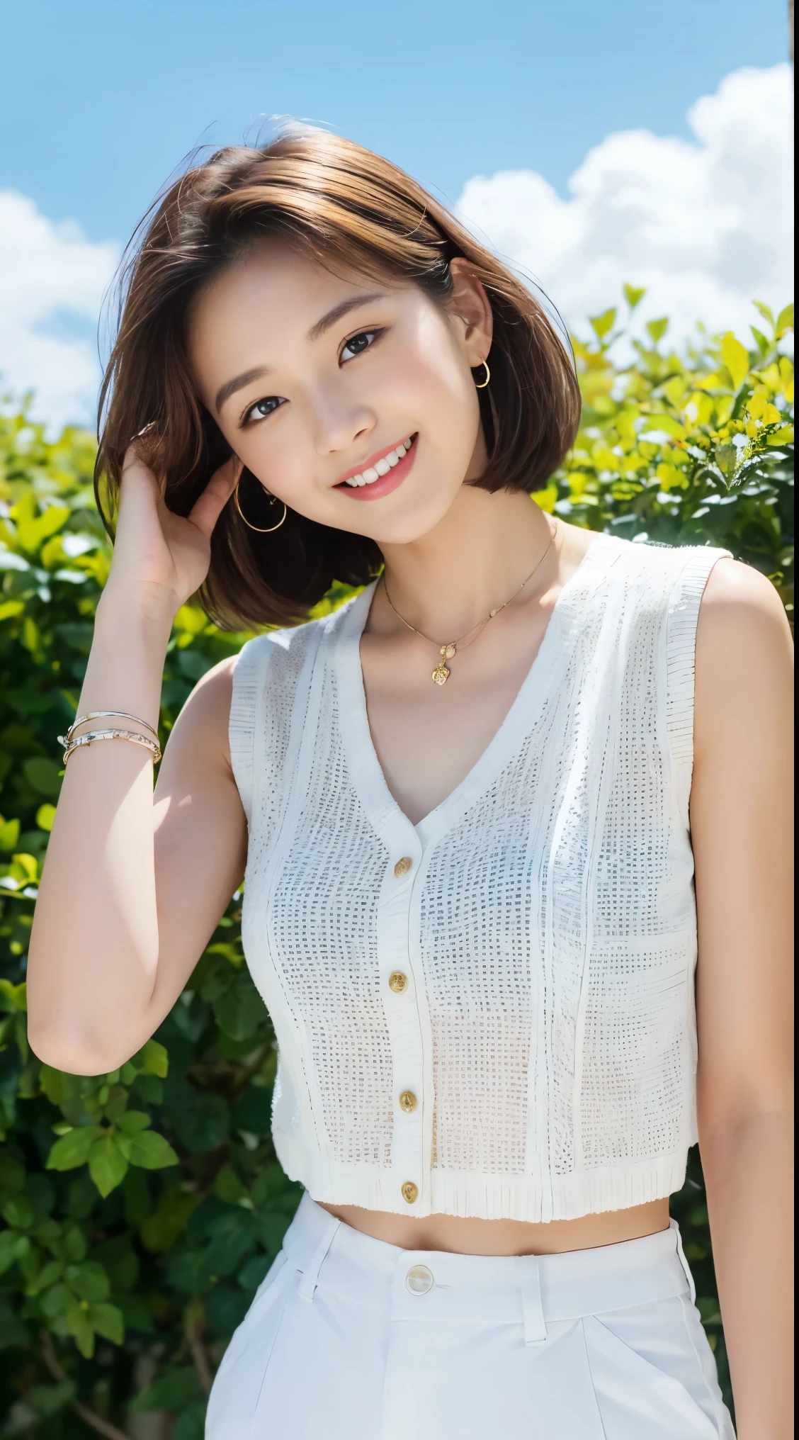 ((best quality,8k,masterpiece:1.3)),The light is very gentle,a 16 year old girl(Wear a white vest,shorter pants),Short hair details,Smile(Keep your mouth shut),necklace,ear ?????? ring,bracelet,Pure and lovely,Blue sky and white clouds(Super detailed background),full body vision
