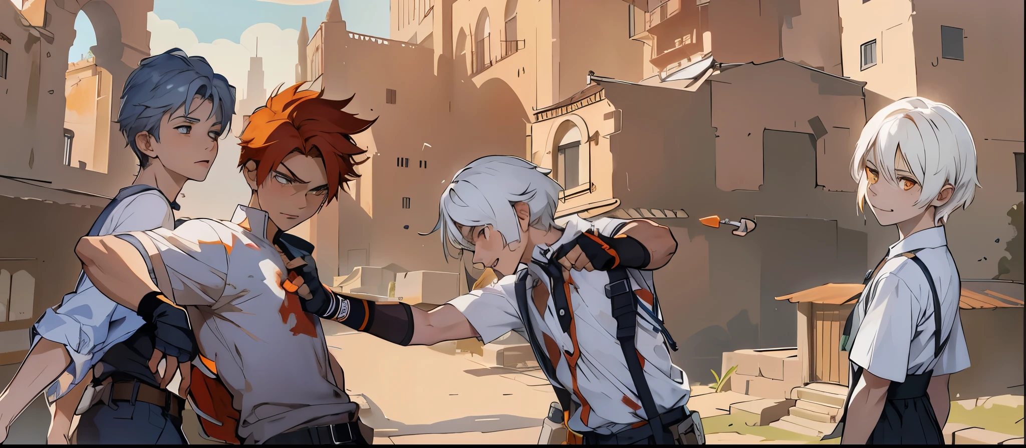 ultra alta calidad personajes de anime en un entorno urbano con un edificio al fondo,a boy with short orange hair is is attacked in his chest he is bleeding and feels pain, a white haired boy is 8 years old orange haired boy in the chest