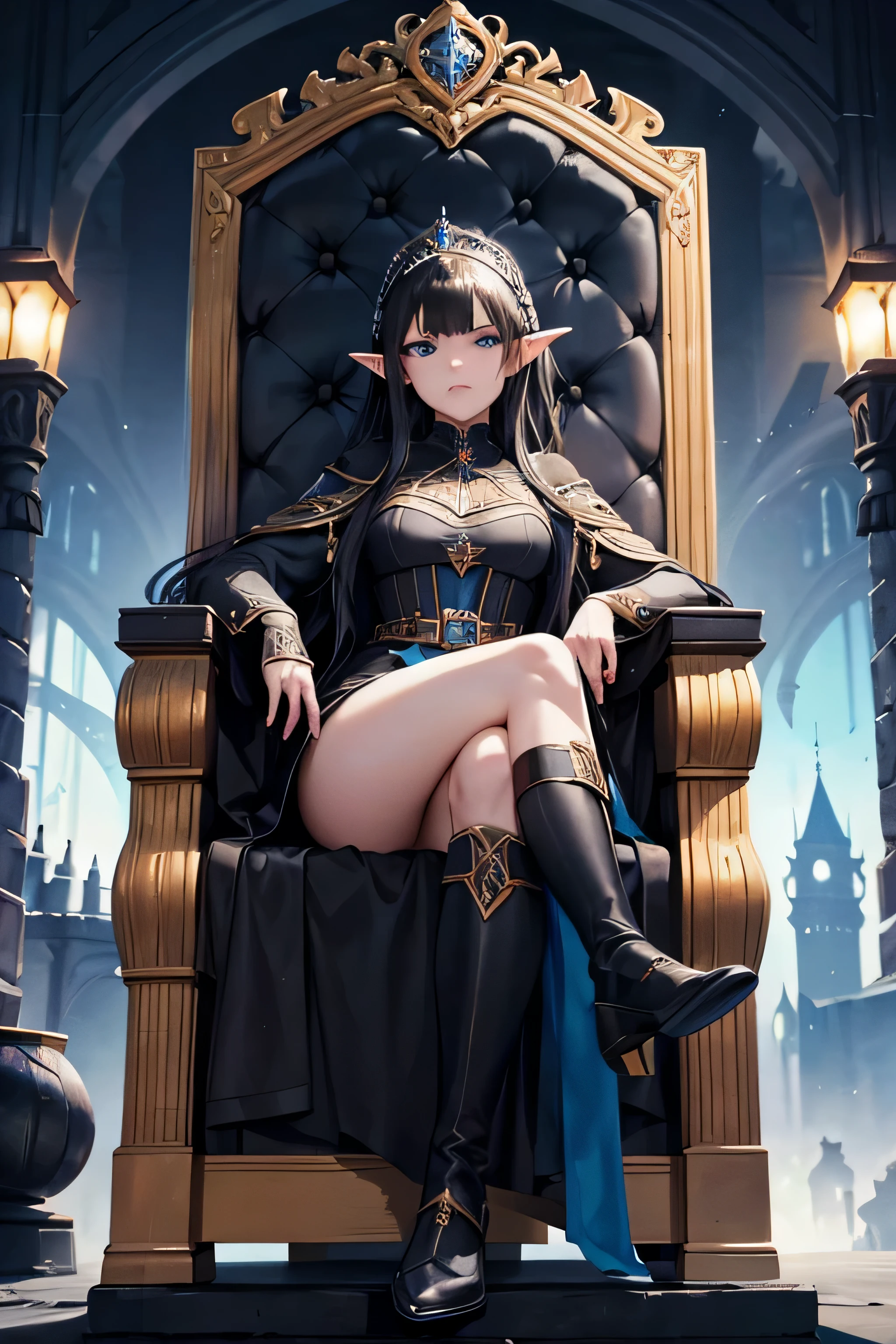In the dark castle throne room on the huge royal throne in seductive pose siting beatiful demon queen, She have beautiful face with pink eyes rakr eye shadows and dark lipstick sexy make up, golden ring shape earrings on her ponty ears. she have long gorgeous bloody red hair.. dressed in majestic sexy black royal robe with golden metal parts, also she have tattoo all over her body her hands have lonf beautiful nails, (ultra high quality fantasy art, ghothic dark fantasy style, masterpiece, ultra high quality character design, 8k quality anime art, realistic anime art, top quality wallpaper illustration, detailed ultra high quality accurate face, high quality design and accurate physic)