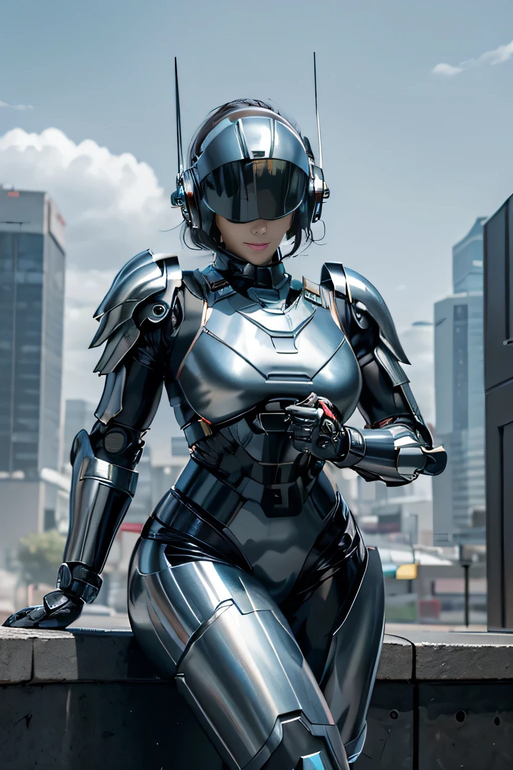 female robocop solo、Armor that completely covers the whole body、very large armor、helmet to hide eyes、rainbow armor、Armor that completely covers the chest、thin and long legs、Vibrant posel body view