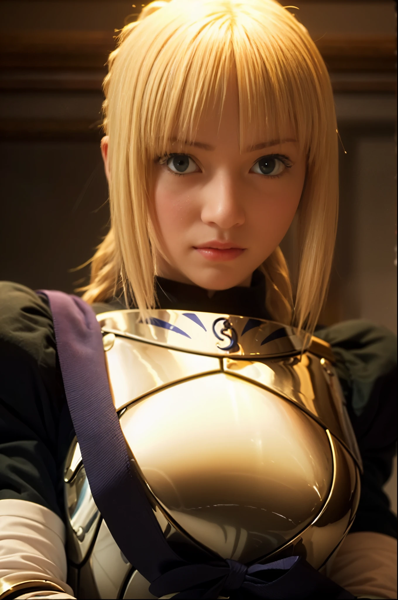 1girl,(((17 years old))),(a blond), (braided single hair bun)), (huge breast:1.5), (((armor))), ((beautiful anime eyes with fine detail)), ((indigo blue ribbon)), realistic skin, (intricate details), ((lighting forward)), depth field, ((ultra high resolution, high res)), {highres}, {{very fine 8KCG wallpapers}}, {{very precise detailed}}, ((((masterpiece)))),background old castle, ((grasp a golden sword)),