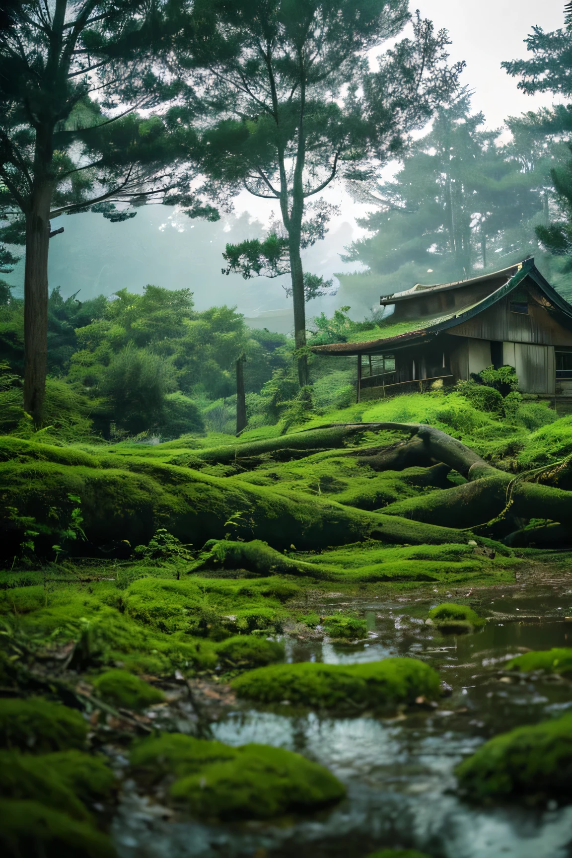 Japanese countryside before the sun sets、(dim深いforest)、Eerie Tranquility、ruins left behind、forest、realistic、(photo quality)、High resolution、(fallen giant tree)、strange atmosphere、landscape、scary picture、dim、high quality、(unmanned)、background、(abandoned place)、strange atmosphere、((abandoned equipment))、((quiet fear))、Fear experience、forgotten past、forgotten place、(Ruins nestled in the back)、forestの奥、