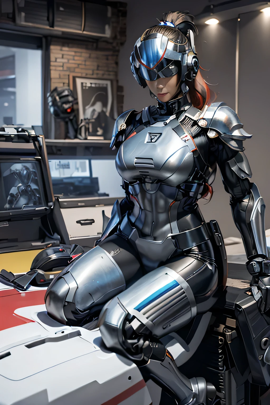 female robocop solo、Armor that completely covers the whole body、very large armor、helmet to hide eyes、rainbow armor、Armor that completely covers the chest、thin and long legs、Vibrant posel body view