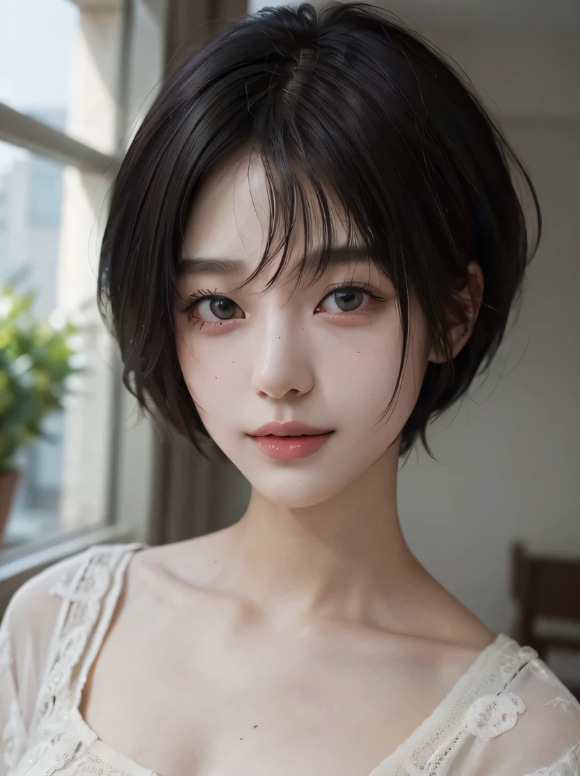 ((masterpiece、highest quality、Super detailed、High resolution、realistic、sharp focus、cinematic lighting))、(1 girl)、bust shot、beautiful face、realistic face、(black hair、boyish short hair、side cut、cropped)、beautiful hairstyle、symmetrical eyes、fine and beautiful eyes、realistic skin、beautiful skin、punk fashion、heavy makeup、smile、fold your arms、confused、charm、golden ratio、punk
