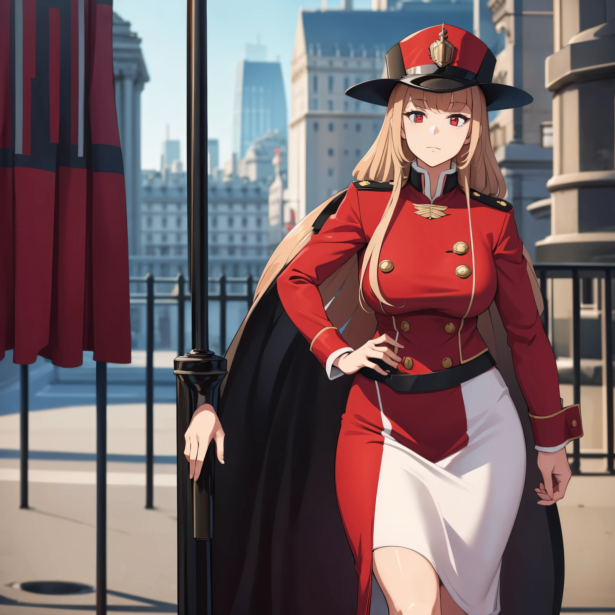 a woman in royal guard uniform in the city of london, royal guard hat
