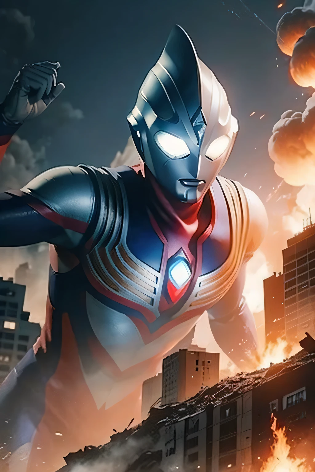 ultraman，The battle unfolds、Fierce confrontation、collapsed building、Flames abounded