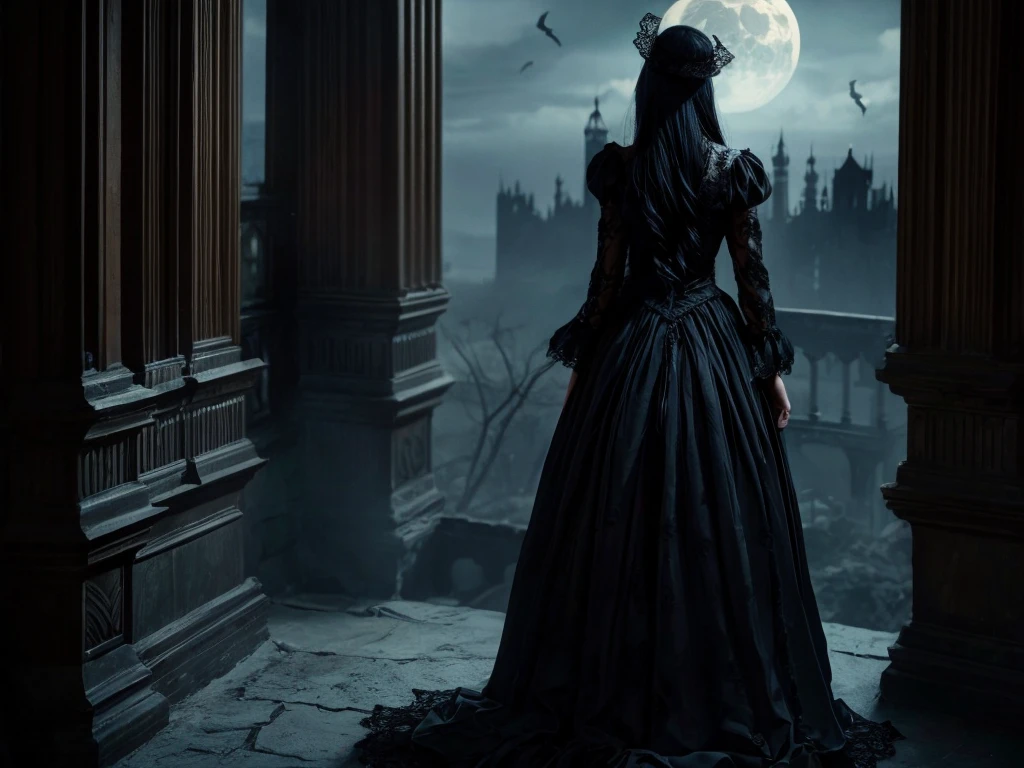 best quality,ultra-detailed,dark gothic aesthetic,dramatic lighting,haunting atmosphere,vintage architecture,mysterious shadows,gloomy mood,ornate details,black lace fashion,blood-red roses,ethereal beauty,enchanted forest,candlelit room,spooky aura,eerie silence,surreal elements,occult symbols,gothic literature inspiration,macabre artwork,dramatic poses,long flowing hair,dark makeup,haunted castle,victorian era influence,endless corridors,ominous sky,moonlit night,misty fog,fireplace crackling,statues with hidden meanings,strange and eerie creatures,hauntingly beautiful faces,elaborate chandeliers,ancient manuscripts,vivid colors with dark undertones,flickering candlelight,opulent interiors,ghostly apparitions,bats flying overhead,sense of mystery and intrigue,jagged cliffs,desolate landscapes,dark romance,decaying beauty.