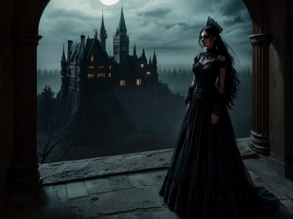 best quality,ultra-detailed,dark gothic aesthetic,dramatic lighting,haunting atmosphere,vintage architecture,mysterious shadows,gloomy mood,ornate details,black lace fashion,blood-red roses,ethereal beauty,enchanted forest,candlelit room,spooky aura,eerie silence,surreal elements,occult symbols,gothic literature inspiration,macabre artwork,dramatic poses,long flowing hair,dark makeup,haunted castle,victorian era influence,endless corridors,ominous sky,moonlit night,misty fog,fireplace crackling,statues with hidden meanings,strange and eerie creatures,hauntingly beautiful faces,elaborate chandeliers,ancient manuscripts,vivid colors with dark undertones,flickering candlelight,opulent interiors,ghostly apparitions,bats flying overhead,sense of mystery and intrigue,jagged cliffs,desolate landscapes,dark romance,decaying beauty.