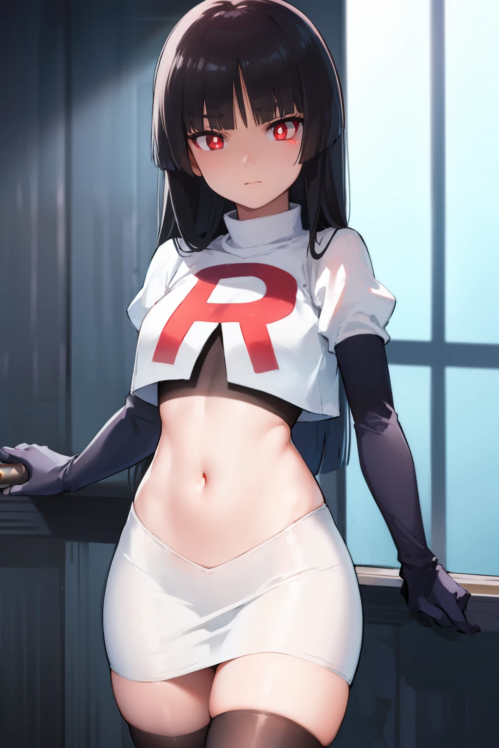 pokemonsabrina, pokemonsabrina, black hair, long hair, bangs, (blunt bangs:1.5), (red eyes:1.5), sidelocks, (bright pupils:1.5), (white pupils:1.5),
BREAK team rocket,team rocket uniform, red letter R, white skirt,white crop top,black thigh-highs, black elbow gloves,
BREAK looking at viewer, (cowboy shot:1.5),
BREAK (masterpiece:1.2), best quality, high resolution, unity 8k wallpaper, (illustration:0.8), (beautiful detailed eyes:1.6), extremely detailed face, perfect lighting, extremely detailed CG, (perfect hands, perfect anatomy),