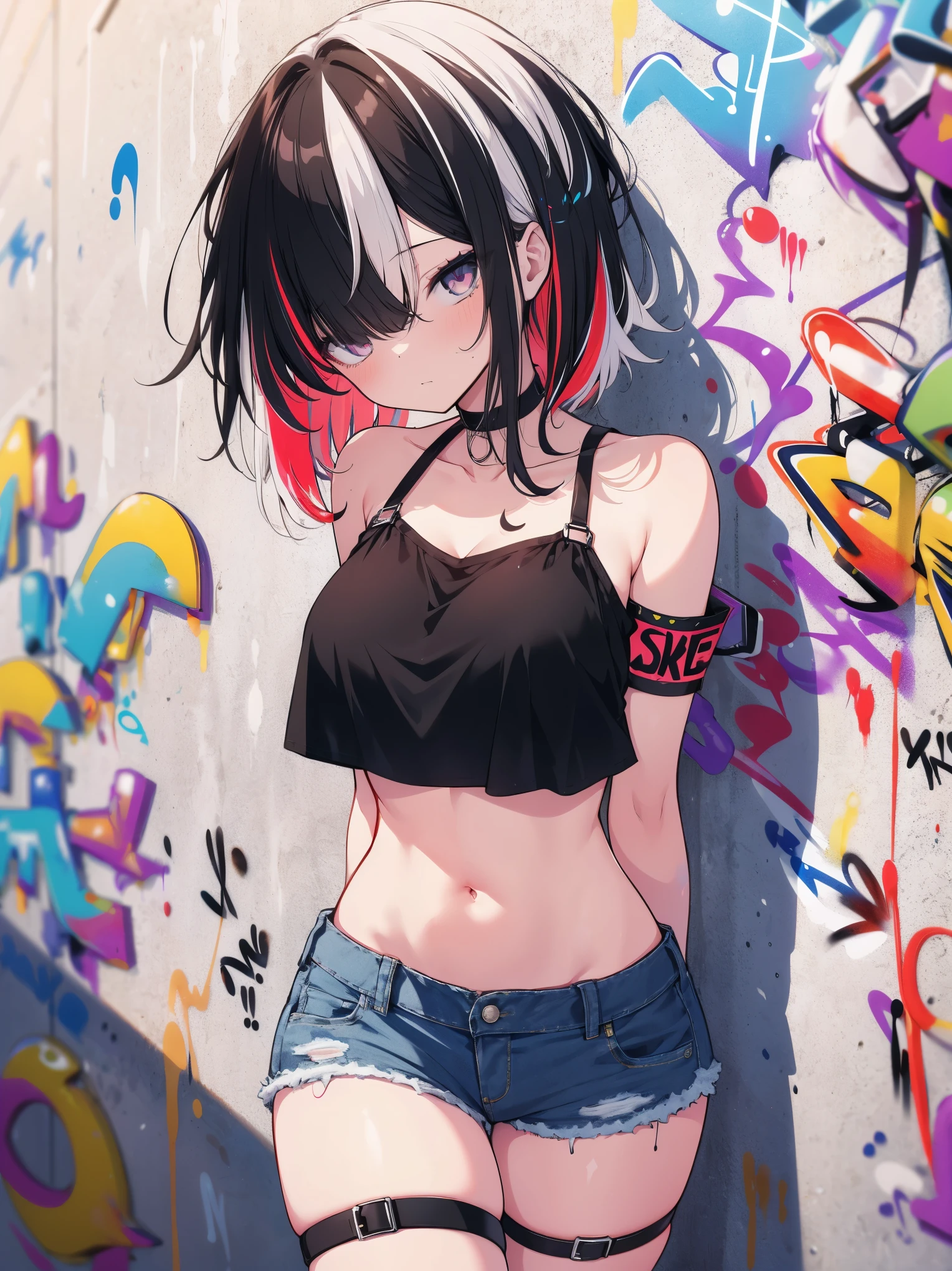 absurdres, best quality,1girl, solo, streaked hair, crop top, denim shorts, choker, (graffiti:1.4), paint splatter, arms behind back, (slouching), (leaning back:0.5), against wall, (leaning to the side:0.5), looking at viewer, armband, thigh strap, streaked hair, paint on body, upturned eyes, head down, head tilt, (from side:1), bored