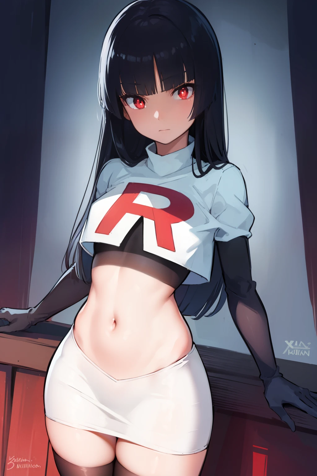 pokemonsabrina, pokemonsabrina, black hair, long hair, bangs, (blunt bangs:1.5), (red eyes:1.5), sidelocks, (bright pupils:1.5), (white pupils:1.5),
BREAK team rocket,team rocket uniform, red letter R, white skirt,white crop top,black thigh-highs, black elbow gloves,
BREAK looking at viewer, (cowboy shot:1.5),
BREAK (masterpiece:1.2), best quality, high resolution, unity 8k wallpaper, (illustration:0.8), (beautiful detailed eyes:1.6), extremely detailed face, perfect lighting, extremely detailed CG, (perfect hands, perfect anatomy),