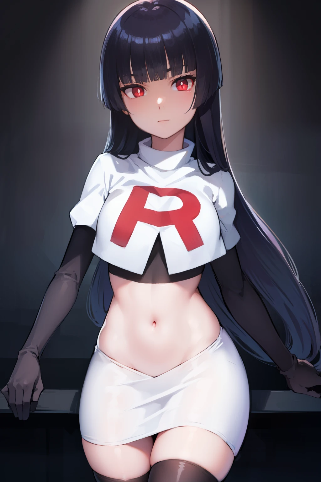 pokemonsabrina, pokemonsabrina, black hair, long hair, bangs, (blunt bangs:1.5), (red eyes:1.5), sidelocks, (bright pupils:1.5), (white pupils:1.5),
BREAK team rocket,team rocket uniform, red letter R, white skirt,white crop top,black thigh-highs, black elbow gloves,
BREAK looking at viewer, (cowboy shot:1.5),
BREAK (masterpiece:1.2), best quality, high resolution, unity 8k wallpaper, (illustration:0.8), (beautiful detailed eyes:1.6), extremely detailed face, perfect lighting, extremely detailed CG, (perfect hands, perfect anatomy),