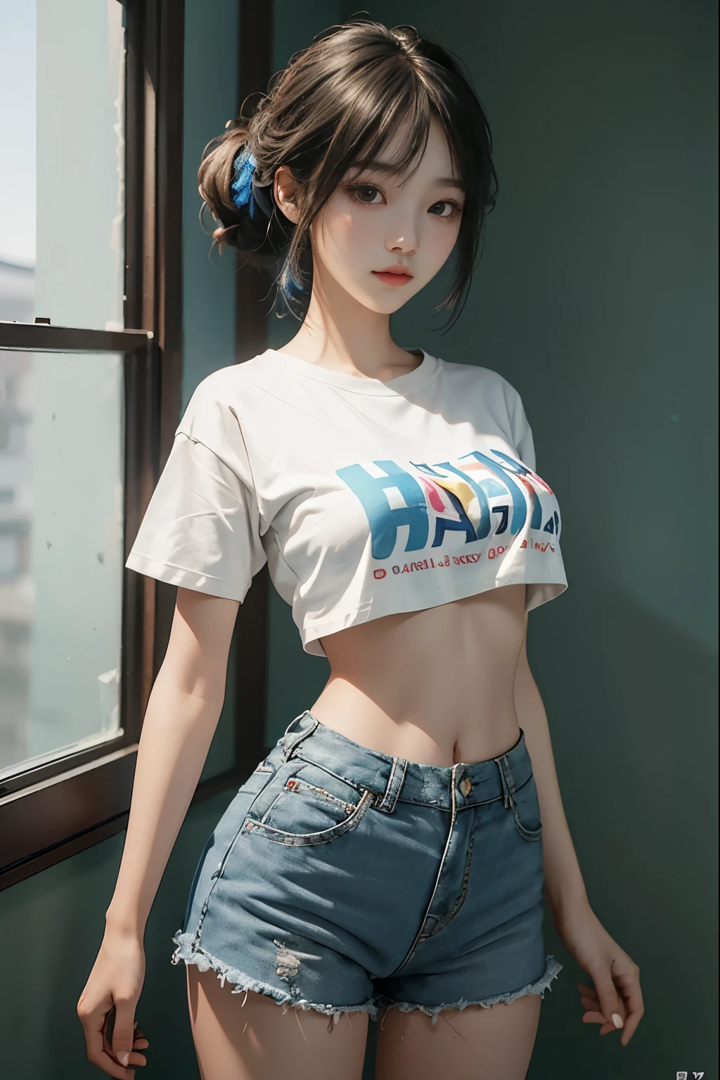 beautiful Korean girl looks like 4D painting,(view), straight parting hair, hair bang, ideal tits, fitted cropped blue t-shirts With text printed, Short pants, standing (window background), vibrant colours, studio lights, gentle lights, dim light, 3D animation