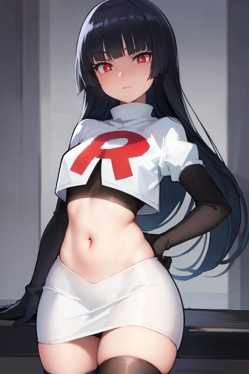 pokemonsabrina, pokemonsabrina, black hair, long hair, bangs, (blunt bangs:1.5), (red eyes:1.5), sidelocks, (bright pupils:1.5), (white pupils:1.5),
BREAK team rocket,team rocket uniform, red letter R, white skirt,white crop top,black thigh-highs, black elbow gloves,
BREAK looking at viewer, (cowboy shot:1.5),
BREAK (masterpiece:1.2), best quality, high resolution, unity 8k wallpaper, (illustration:0.8), (beautiful detailed eyes:1.6), extremely detailed face, perfect lighting, extremely detailed CG, (perfect hands, perfect anatomy),