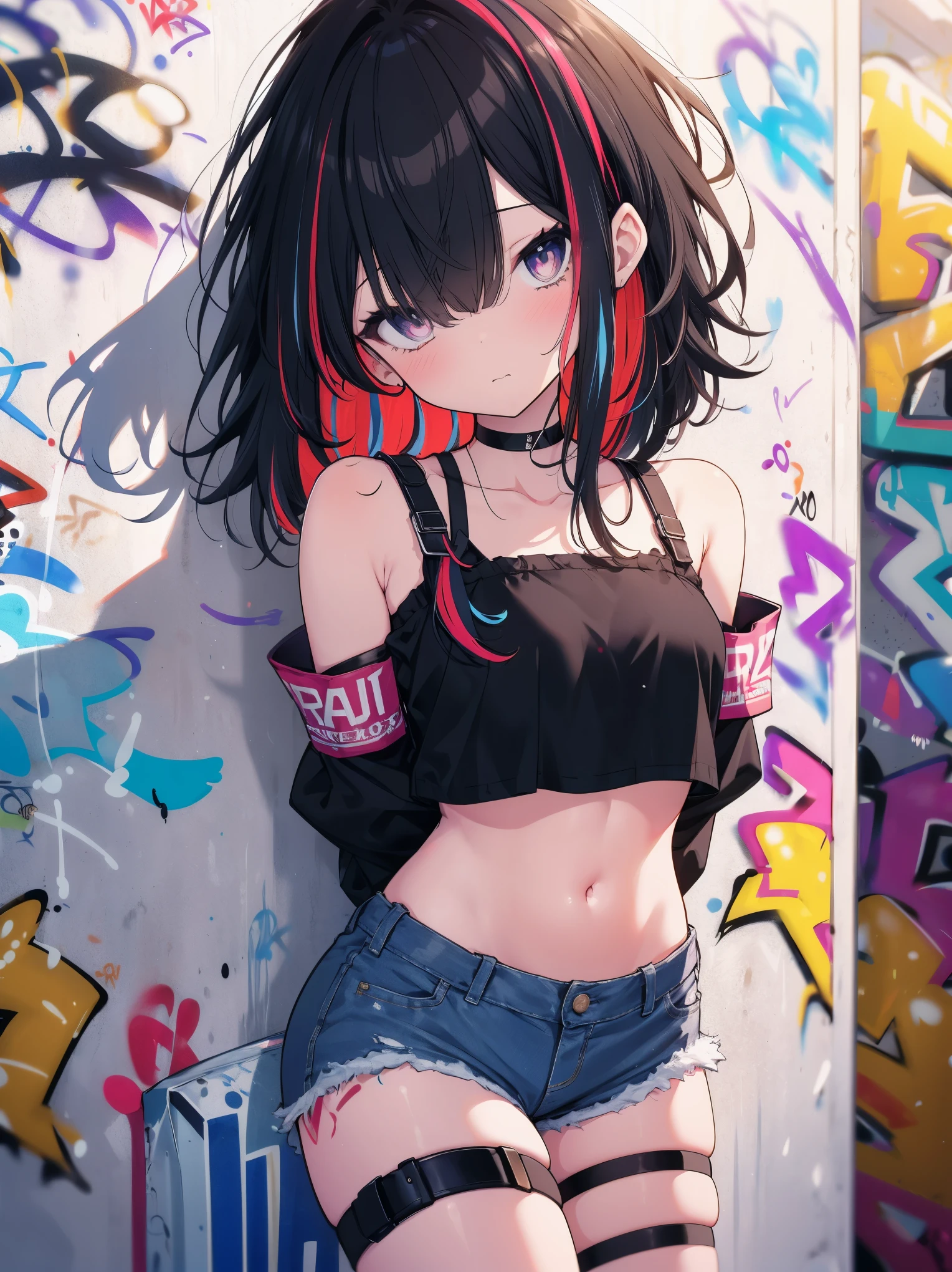 absurdres, best quality,1girl, solo, streaked hair, crop top, denim shorts, choker, (graffiti:1.4), paint splatter, arms behind back, (slouching), (leaning back:0.5), against wall, (leaning to the side:0.5), looking at viewer, armband, thigh strap, streaked hair, paint on body, upturned eyes, head down, head tilt, (from side:1), bored
