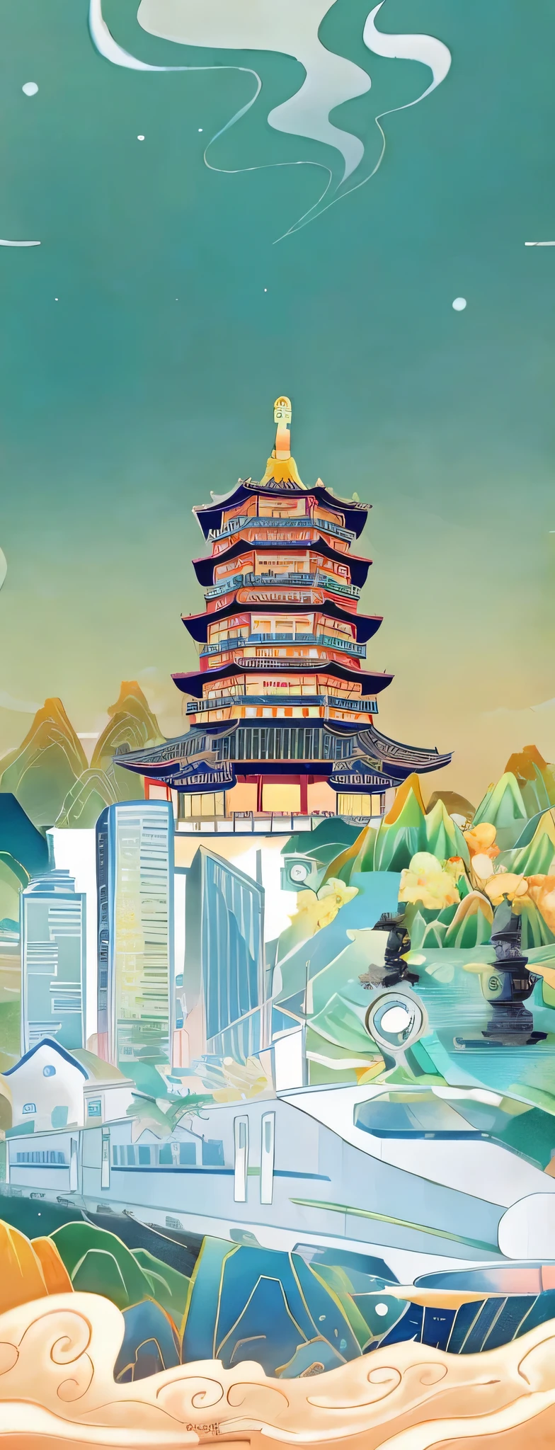 Illustration of a beautiful Asian city,Ahead is subway subway track city plant , temple background, Detailed digital illustrations, Amazing wallpapers, Very detailed illustrations, background artwork, Chinese architecture cmyk palette, Oriental wallpaper, Chinese architecture, ancient Chinese architecture, Inspired by Hanbei Yoshida, Inspired by Victor Wei, wallpaper art
