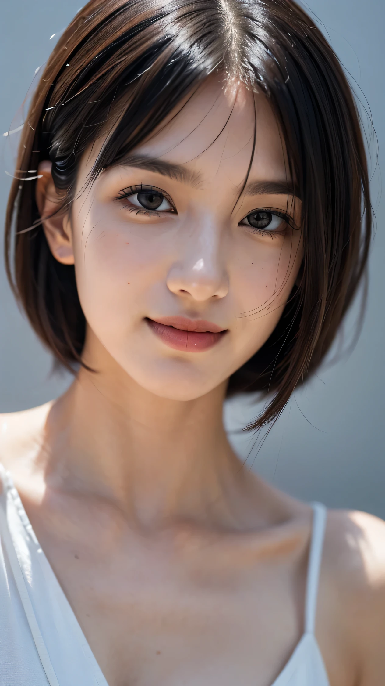(RAW photo, highest quality)(8k, highest quality, masterpiece: 1.2), Super detailed, super resolution, (realistic, realistic photo: 1.37), portrait, High resolution RAW color photo, professional photos, High resolution and beautiful, very delicate and beautiful, High resolution, 8k image wallpaper, amazing details, huge file size, high detailed beautiful girl, Super detaileded face, very fine eyes, Very fine skin, とてもthin指, very small nose, Highly detailed detailed mouth, perfect anatomy, simple background, gray wall, realistic lighting, light shines on your face, 1 girl, (20:1.2), 20 generations, cute girl, like an idol, realistic body, glowing skin, because I'thin, black hair, cute, cute face, lively face, delicate eyes, source order, looking at camera, ((positive)), (Fair skin), waist shot, bangs, round face, smile, close up of face, ハッピーvery delicate and beautiful, wonderful, finely, masterpiece, Super detailed, High resolution, (best shadow), , Super detailed, very beautiful eyelashes, natural eyes