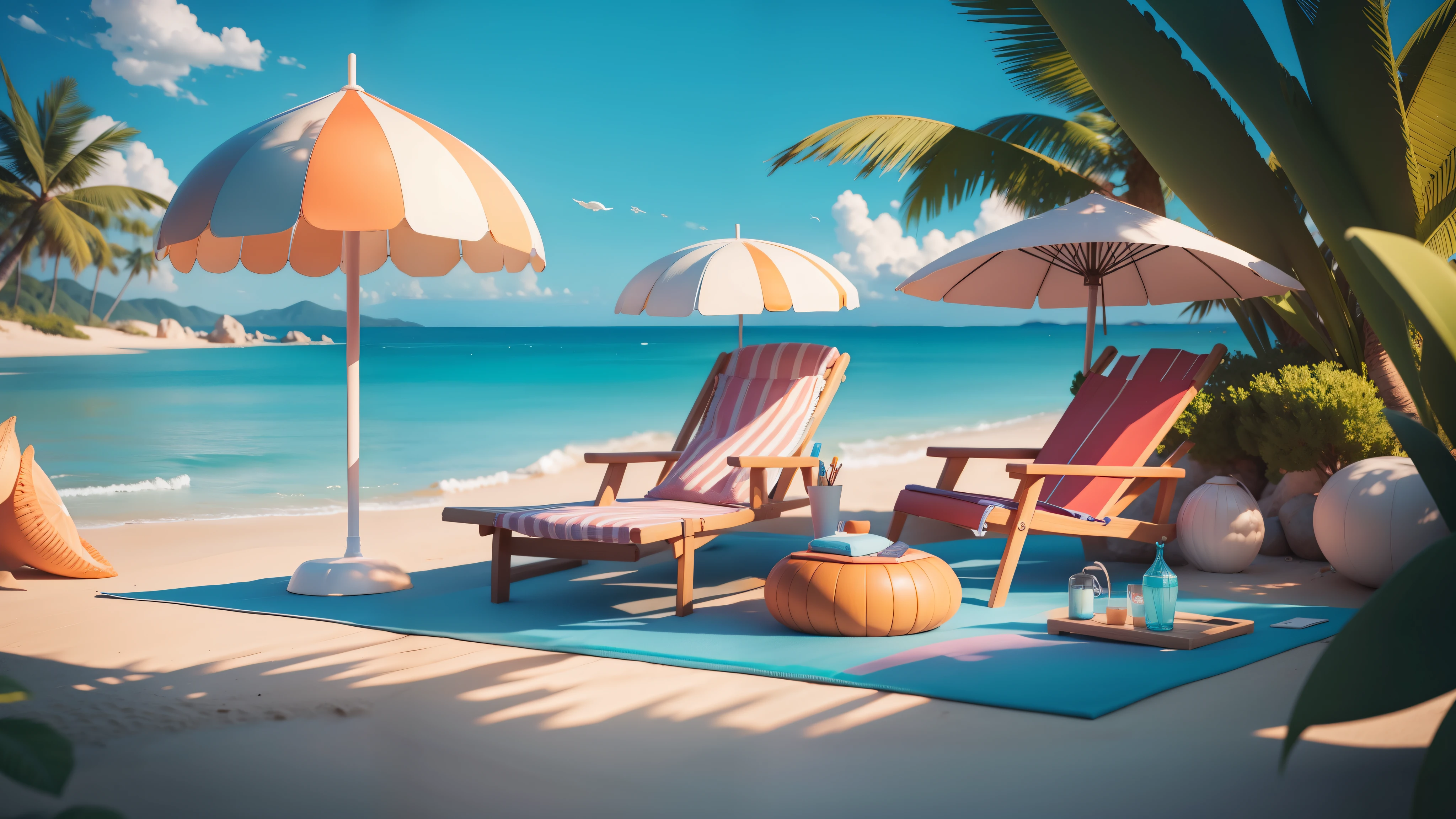 beach chair, fan, beach ocean, Boat, shell, starfish, Fresh in summer, 3D rendering stylization, stylized 3d 渲染, Stylize for 3D rendering, Roland Zilvinski 3D Rendering Art, 3D stylized scene, Relaxation concept art, stylized concept art, (octane rendering) fantasy style, stylized 3d