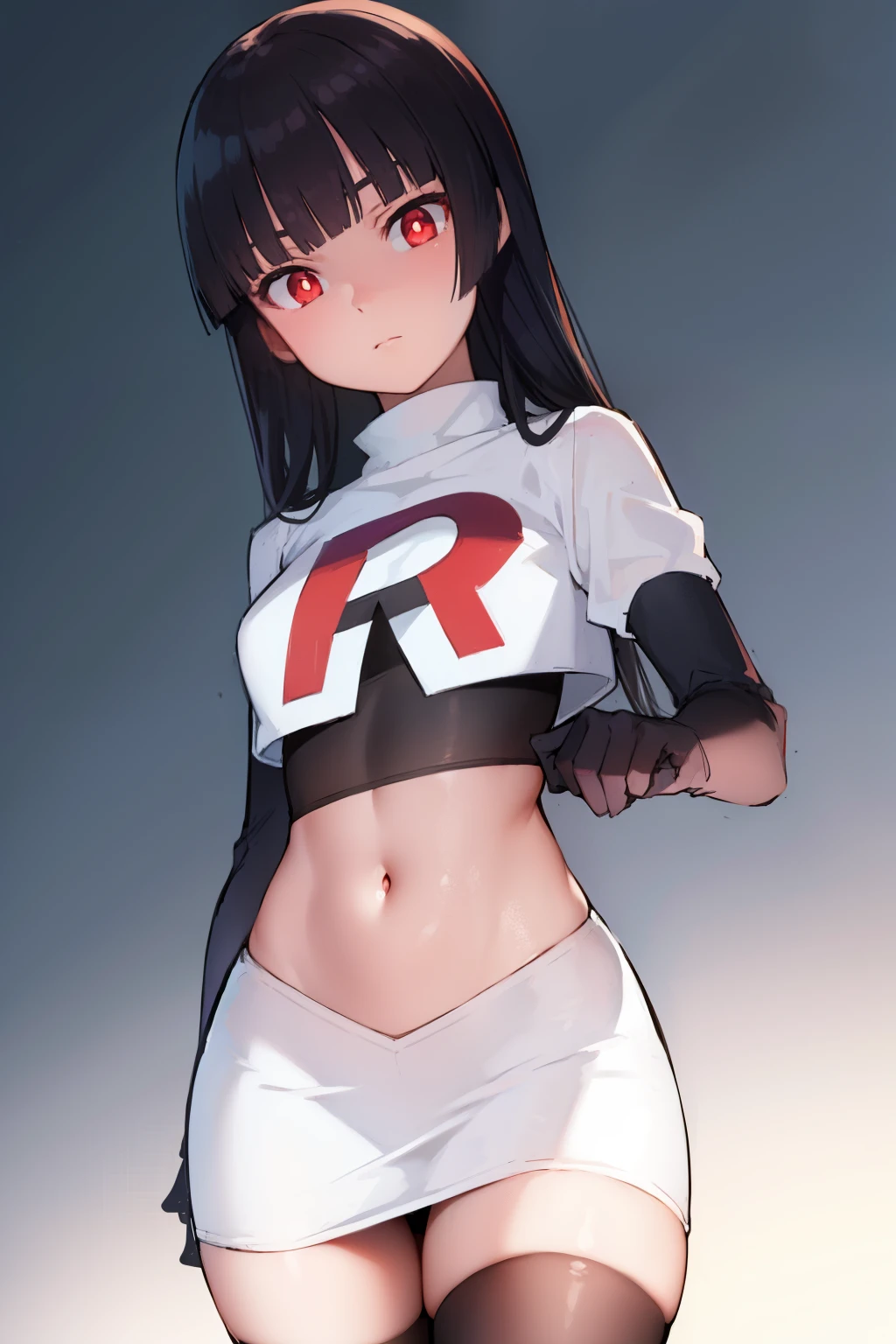 pokemonsabrina, pokemonsabrina, black hair, long hair, bangs, (blunt bangs:1.5), (red eyes:1.5), sidelocks, (bright pupils:1.5), (white pupils:1.5),
BREAK team rocket,team rocket uniform, red letter R, white skirt,white crop top,black thigh-highs, black elbow gloves,
BREAK looking at viewer, (cowboy shot:1.5),
BREAK (masterpiece:1.2), best quality, high resolution, unity 8k wallpaper, (illustration:0.8), (beautiful detailed eyes:1.6), extremely detailed face, perfect lighting, extremely detailed CG, (perfect hands, perfect anatomy),