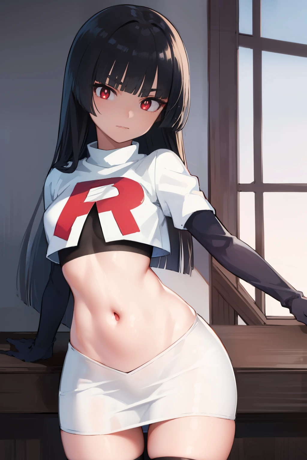 pokemonsabrina, pokemonsabrina, black hair, long hair, bangs, (blunt bangs:1.5), (red eyes:1.5), sidelocks, (bright pupils:1.5), (white pupils:1.5),
BREAK team rocket,team rocket uniform, red letter R, white skirt,white crop top,black thigh-highs, black elbow gloves,
BREAK looking at viewer, (cowboy shot:1.5),
BREAK (masterpiece:1.2), best quality, high resolution, unity 8k wallpaper, (illustration:0.8), (beautiful detailed eyes:1.6), extremely detailed face, perfect lighting, extremely detailed CG, (perfect hands, perfect anatomy),