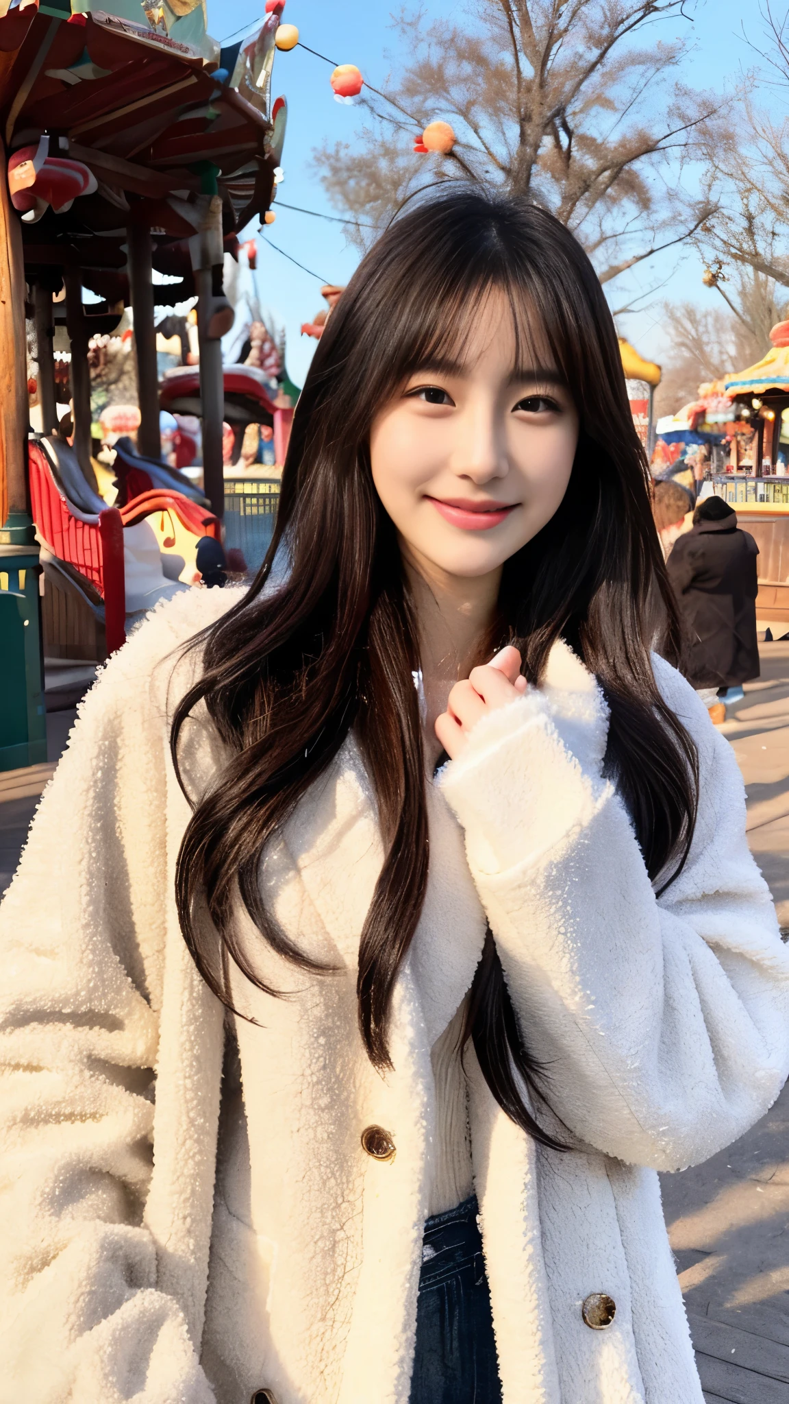 masterpiece、8 thousand、32,000、top quality、(cute japanese girl:1.1)、detail、1 woman、elegant、out of the chest、(coat、Muffler:1.3)、(winters:1.1)、Amusement Park、cowboy shot、smile