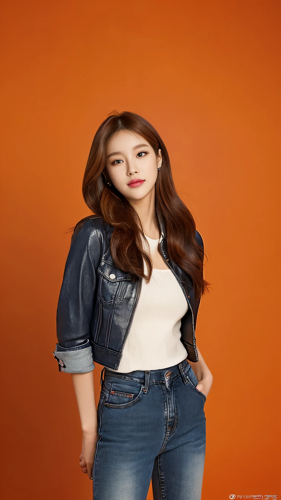 A woman in a leather jacket and jeans is posing, portrait of Blackpink's Josh, Blackpink Jisoo 초상화, Cindy Avellino, Promotional art, Blackpink Jisoo, Blackpink Jisoo, official artwork, She wears a leather jacket, album art, in front of an orange background, Blackpink's Josh, Gemma Chen, blackpink jennie, official, Promotional images