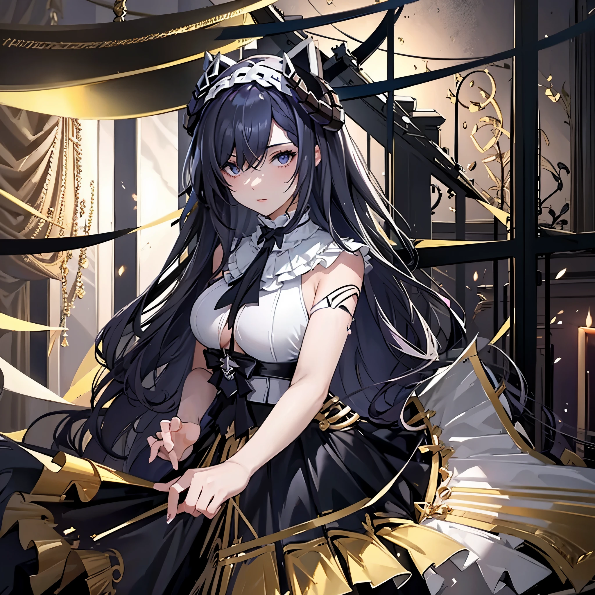 a woman in a sophisticated black dress, dark violet hair, outside a sophisticated German castle at night.