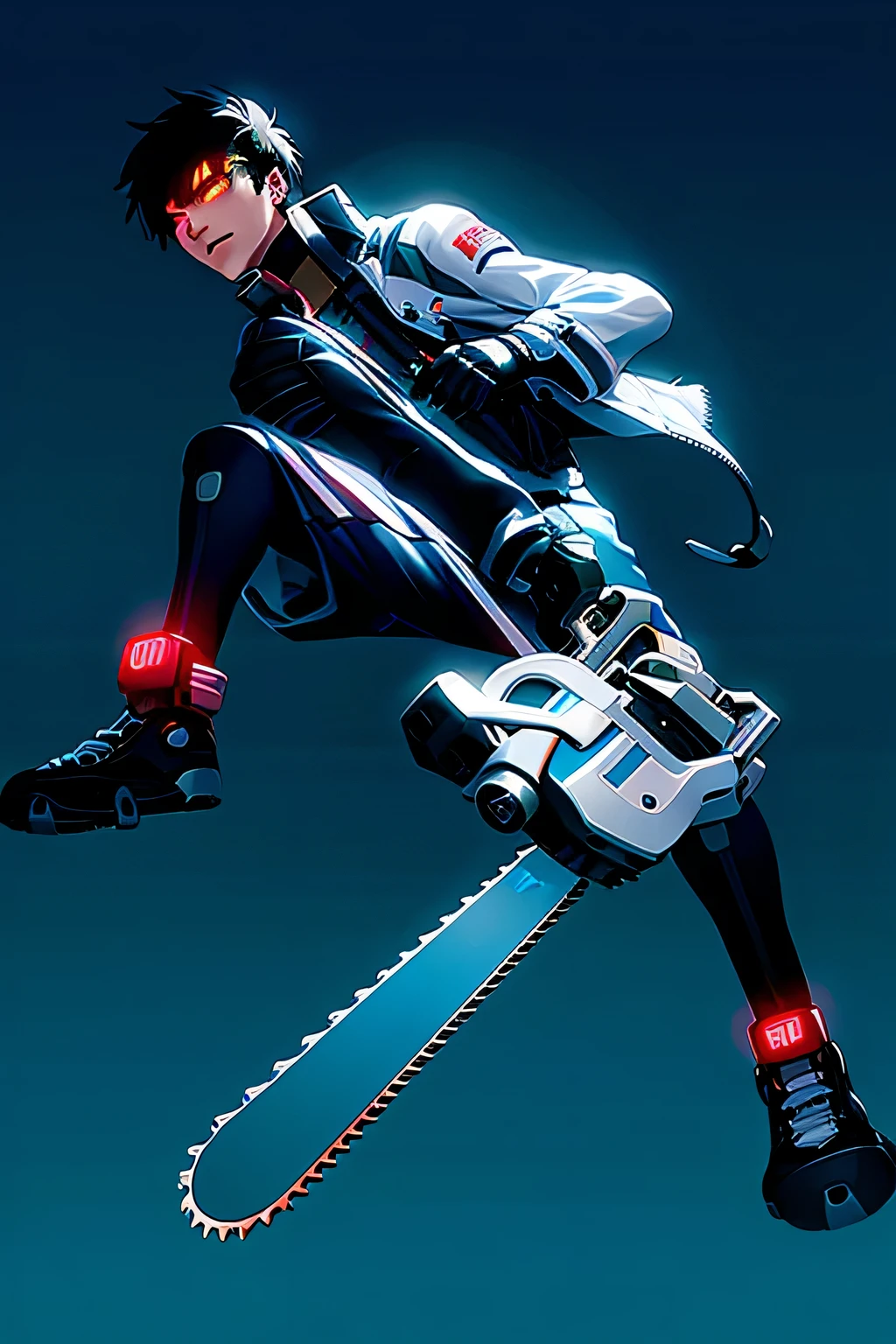  Man holding chainsaw in hand cyberpunk style, night in a city