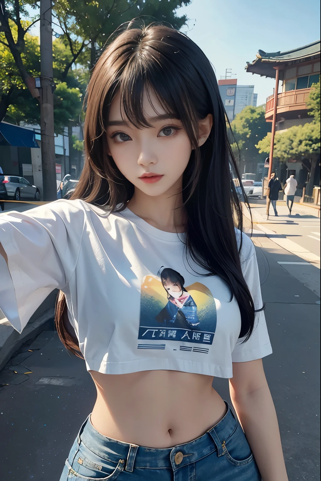 masterpiece,Highest quality,From above,One girl, paizuri_Down_Clothes, PUC, One boy, paizuri, blush, big_chest,Lockhart Tifa,Long black hair,White T-shirt,Black belt