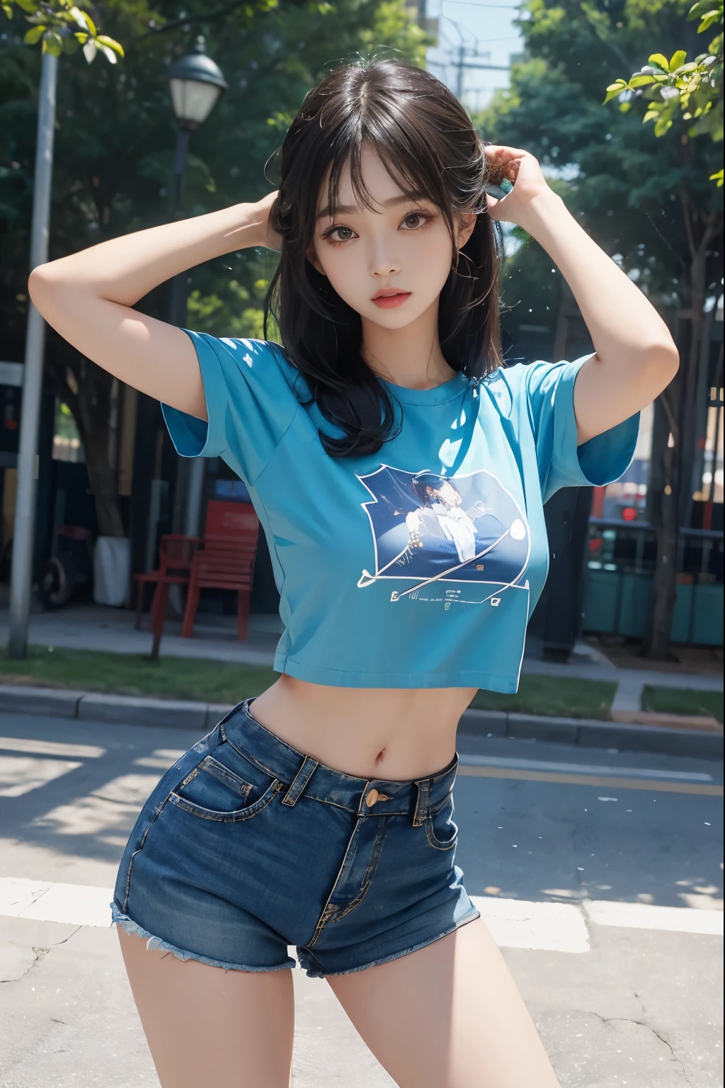 beautiful Korean girl looks like 4D painting,(view), straight parting hair, hair bang, ideal tits, fitted cropped blue t-shirts With text printed, Short pants, standing, stretching, (park background), vibrant colours, studio lights, gentle lights, dim light, 3D animation