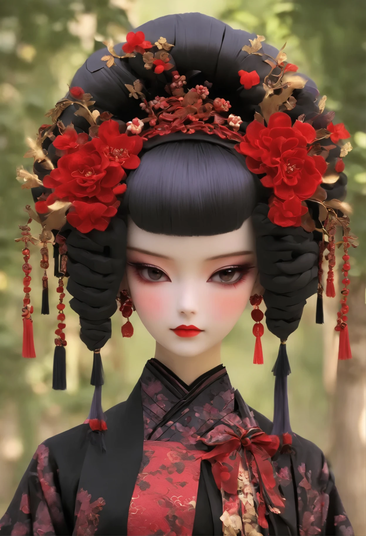 Imagine the fusion of traditional Chinese aesthetics and Gothic Lolita fashion, where elegant Hanfu silhouettes intertwine with the profound allure of Gothic elements. Picture exquisite, intricately designed Hanfu in deep, rich colors, adorned with ornate belts and corsets, featuring delicate lace trims. In terms of accessories, belts and parasols with lace and ribbons add a touch of Victorian style. The intricate wig combines traditional “tsumami kanzashi” with Gothic patterns. The color palette leans towards deep purple, black, and blood red, creating a stark contrast with the exquisite fabrics. Traditional Chinese facial makeup completes the overall look, blending the elegance of traditional Chinese beauty with the mysterious grace of Gothic fashion. The result is a captivating and unique style that seamlessly blends the charm of traditional Chinese culture with the dark romanticism of Gothic Lolita.