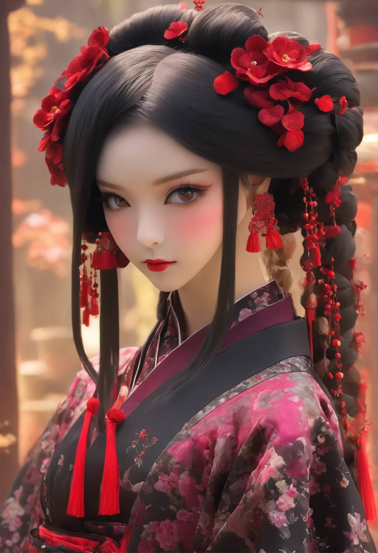 Imagine the fusion of traditional Chinese aesthetics and Gothic Lolita fashion, where elegant Hanfu silhouettes intertwine with the profound allure of Gothic elements. Picture exquisite, intricately designed Hanfu in deep, rich colors, adorned with ornate belts and corsets, featuring delicate lace trims. In terms of accessories, belts and parasols with lace and ribbons add a touch of Victorian style. The intricate wig combines traditional “tsumami kanzashi” with Gothic patterns. The color palette leans towards deep purple, black, and blood red, creating a stark contrast with the exquisite fabrics. Traditional Chinese facial makeup completes the overall look, blending the elegance of traditional Chinese beauty with the mysterious grace of Gothic fashion. The result is a captivating and unique style that seamlessly blends the charm of traditional Chinese culture with the dark romanticism of Gothic Lolita.