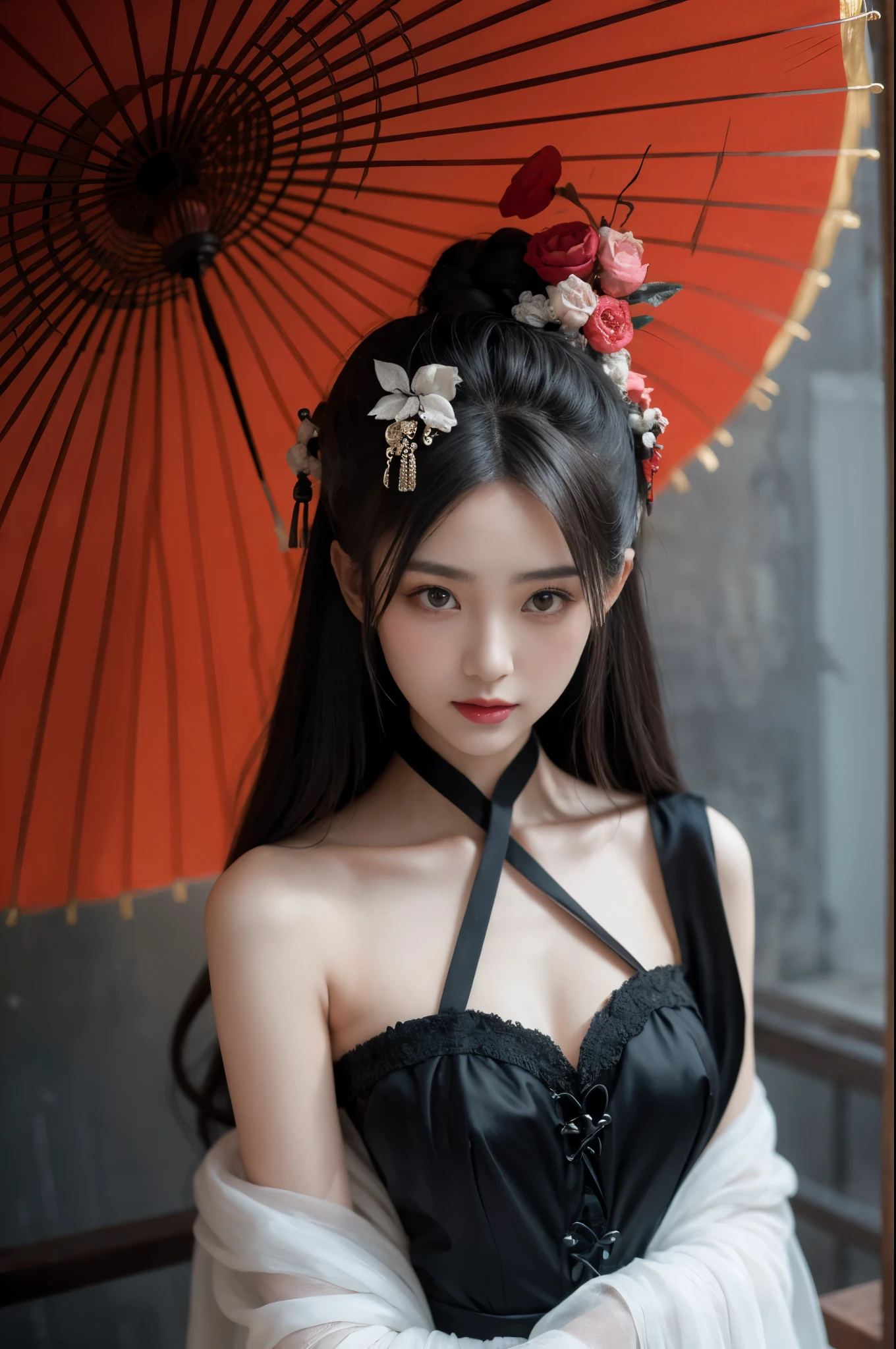 Imagine the fusion of traditional Chinese aesthetics and Gothic Lolita fashion, where elegant Hanfu silhouettes intertwine with the profound allure of Gothic elements. Picture exquisite, intricately designed Hanfu in deep, rich colors, adorned with ornate belts and corsets, featuring delicate lace trims. In terms of accessories, belts and parasols with lace and ribbons add a touch of Victorian style. The intricate wig combines traditional “tsumami kanzashi” with Gothic patterns. The color palette leans towards deep purple, black, and blood red, creating a stark contrast with the exquisite fabrics. Traditional Chinese facial makeup completes the overall look, blending the elegance of traditional Chinese beauty with the mysterious grace of Gothic fashion. The result is a captivating and unique style that seamlessly blends the charm of traditional Chinese culture with the dark romanticism of Gothic Lolita.