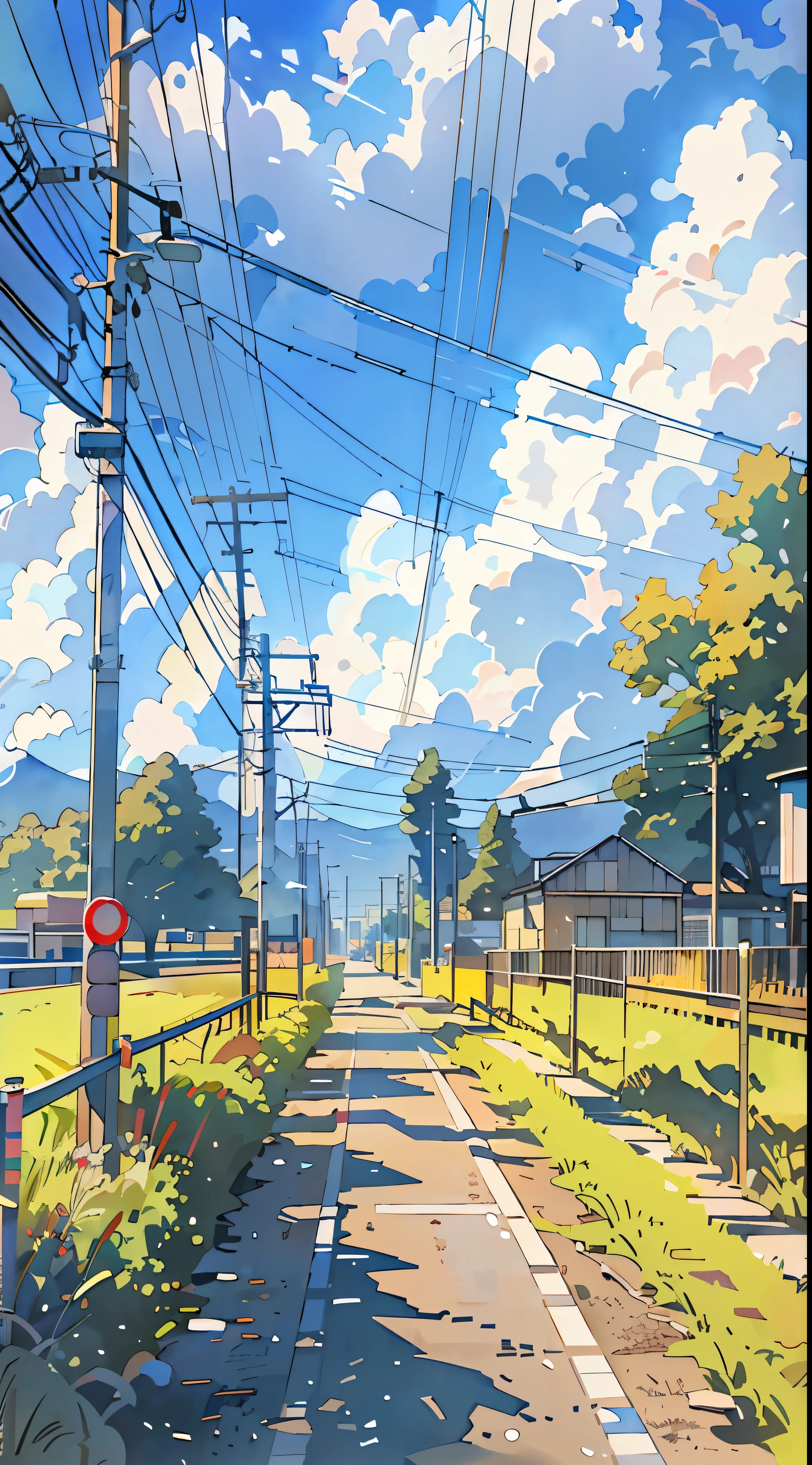 There is a painting of a road with wires and poles, anime countryside landscape, Anime background art, Anime landscape, Highly detailed illustration.”, anime style cityscape, Makoto Shinkai's style, anime backgrounds, Anime landscapes, in the style of makoto shinkai, drawn in anime painter studio, beautiful anime scenery, Anime landscape concept art, low details. Digital painting