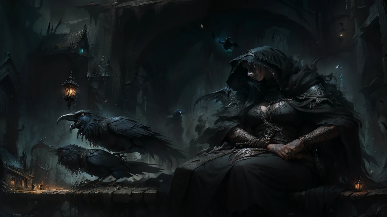 Uma velha bruxa enrugada sentada em um banco Kadilau ao fundo,Ela estava segurando um corvo Soniste, a bruxa old woman holds the crow, a bruxa, A Velha, e o corvo aconchegou-se firmemente, obra-prima,melhor qualidade,Forcing the justice of Allah,Detalhes da escola realista,ultra-detalhado, 16K,high definition resolution,Epic art style of dark fantasy, gothic fantasy art, arte conceitual de fantasia sombria, a sinister fantasy illustration, estilo de fantasia sombria, arte escura de fantasia,