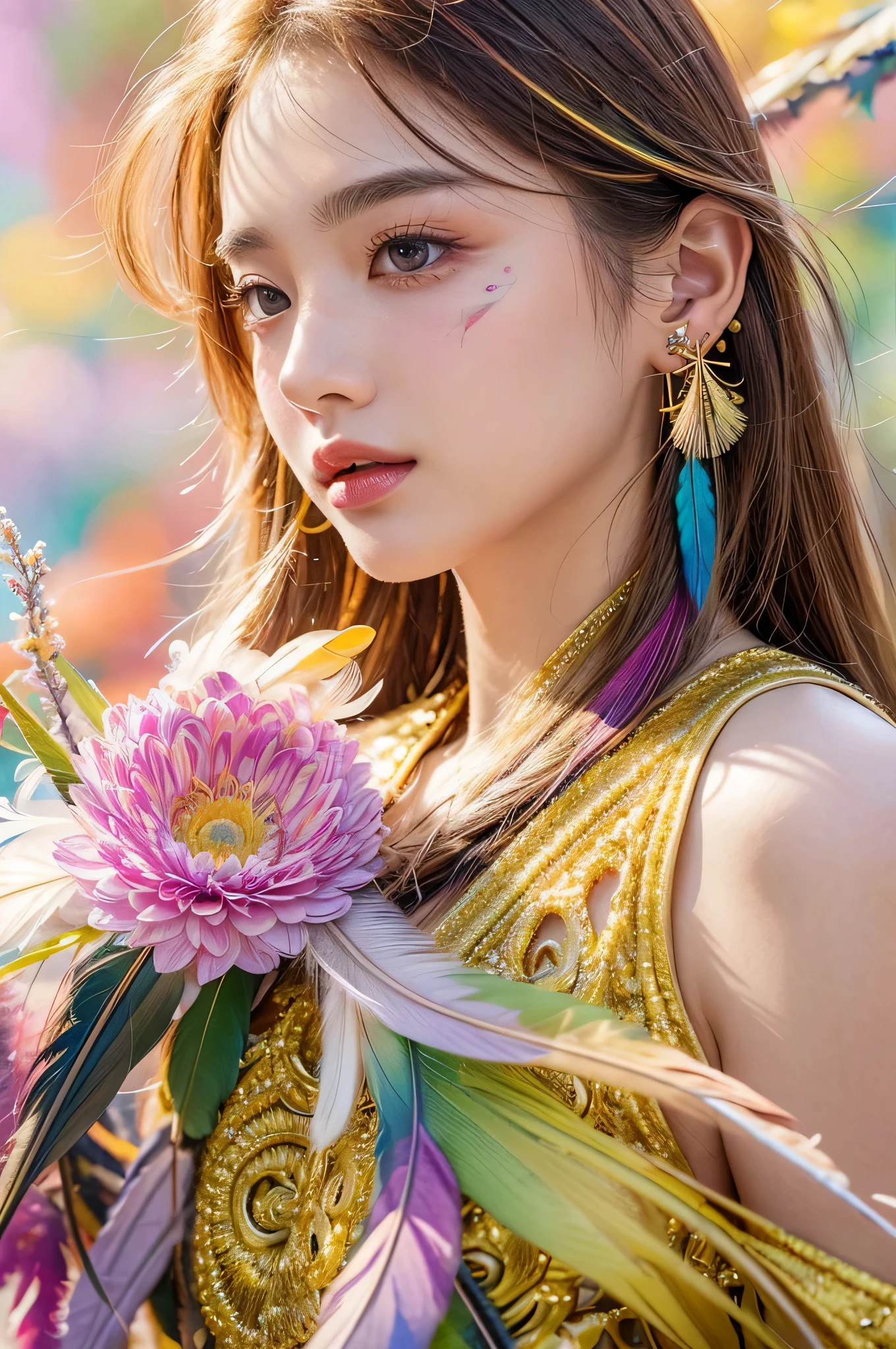 highest quality、highest quality、official art、beautiful beautiful:1.2)、(1 girl:1.3)、small breasts、bare shoulders、golden hair、Color featheretal ornaments、flower of color、particle、Ray Star Piece of Light、highly detailed girl 、(fractal art:1.1)、(colorful:1.1)(flower:1.3)、most detailed、(zentangle:1.2)、(dynamic pose)、(abstract background:1.3)、(shiny skin)、(many colors:1.4 )、(view audience)、(earrings:1.4)、(feather:1.4),