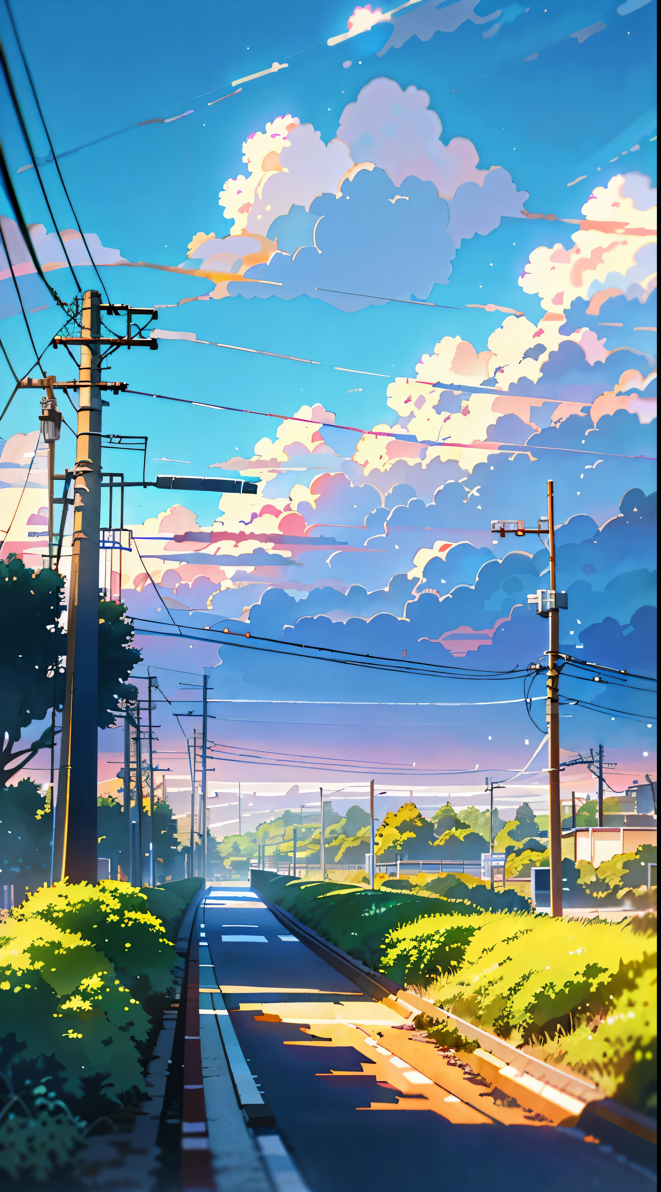 There is a painting of a road with wires and poles, anime countryside landscape, Anime background art, Anime landscape, Highly detailed illustration.”, anime style cityscape, Makoto Shinkai's style, anime backgrounds, Anime landscapes, in the style of makoto shinkai, drawn in anime painter studio, beautiful anime scenery, Anime landscape concept art, low details. Digital painting