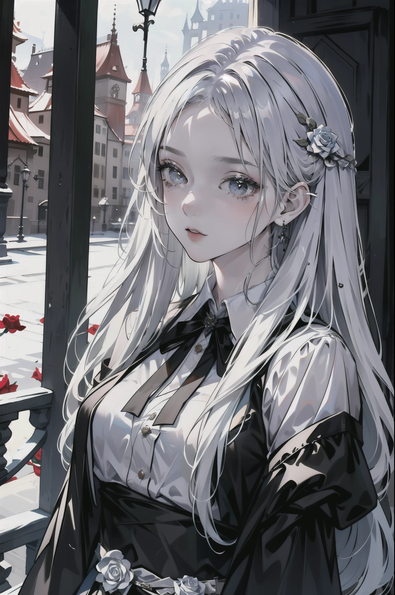 Anime girl with long white hair and black dress standing in front of a ...