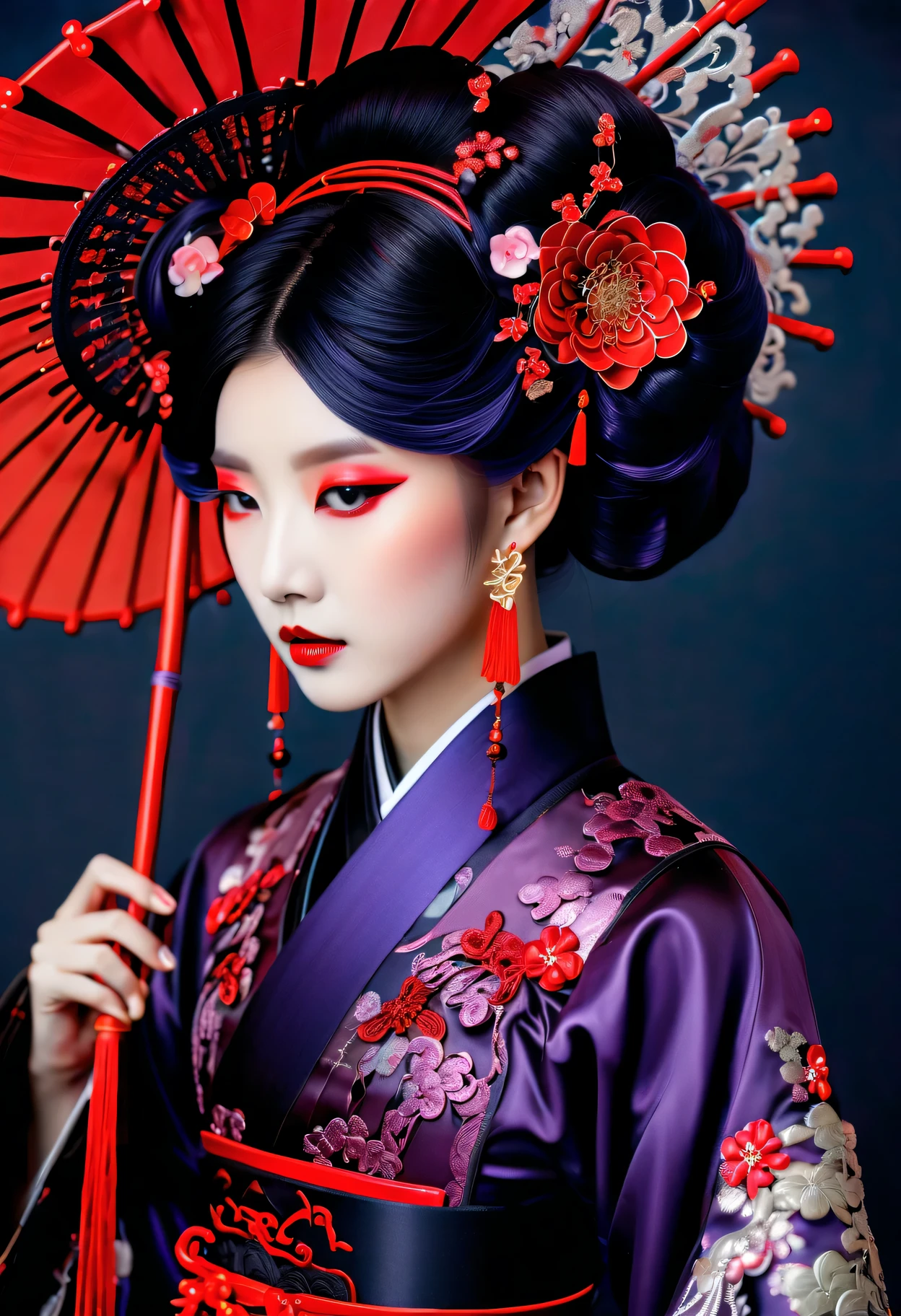 Imagine the fusion of traditional Chinese aesthetics and Gothic Lolita fashion, where elegant Hanfu silhouettes intertwine with the profound allure of Gothic elements. Picture exquisite, intricately designed Hanfu in deep, rich colors, adorned with ornate belts and corsets, featuring delicate lace trims. In terms of accessories, belts and parasols with lace and ribbons add a touch of Victorian style. The intricate wig combines traditional “tsumami kanzashi” with Gothic patterns. The color palette leans towards deep purple, black, and blood red, creating a stark contrast with the exquisite fabrics. Traditional Chinese facial makeup completes the overall look, blending the elegance of traditional Chinese beauty with the mysterious grace of Gothic fashion. The result is a captivating and unique style that seamlessly blends the charm of traditional Chinese culture with the dark romanticism of Gothic Lolita.