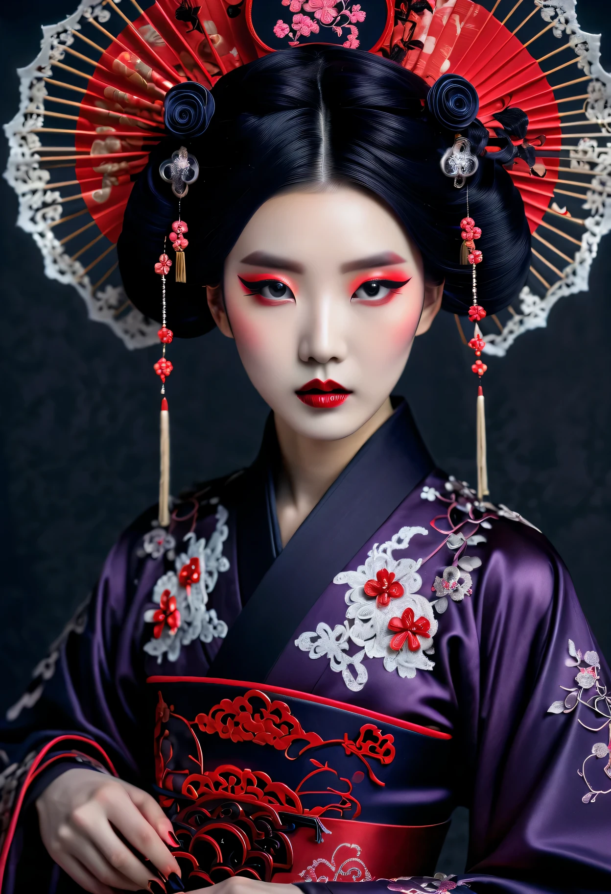 Imagine the fusion of traditional Chinese aesthetics and Gothic Lolita fashion, where elegant Hanfu silhouettes intertwine with the profound allure of Gothic elements. Picture exquisite, intricately designed Hanfu in deep, rich colors, adorned with ornate belts and corsets, featuring delicate lace trims. In terms of accessories, belts and parasols with lace and ribbons add a touch of Victorian style. The intricate wig combines traditional “tsumami kanzashi” with Gothic patterns. The color palette leans towards deep purple, black, and blood red, creating a stark contrast with the exquisite fabrics. Traditional Chinese facial makeup completes the overall look, blending the elegance of traditional Chinese beauty with the mysterious grace of Gothic fashion. The result is a captivating and unique style that seamlessly blends the charm of traditional Chinese culture with the dark romanticism of Gothic Lolita.